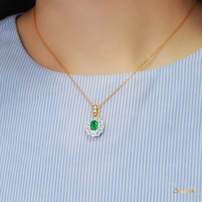 Zambian Emerald and Diamond Halo Pendant