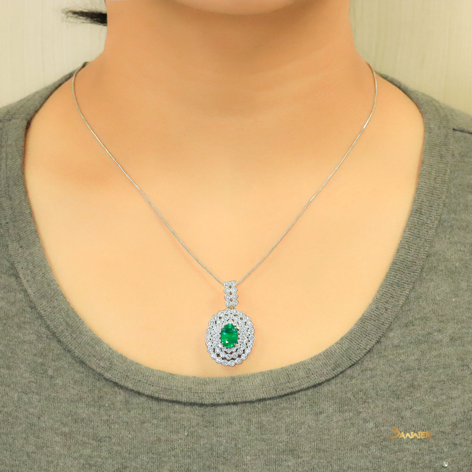 Emerald and Diamond Vintage Design Triple Halo Pendant