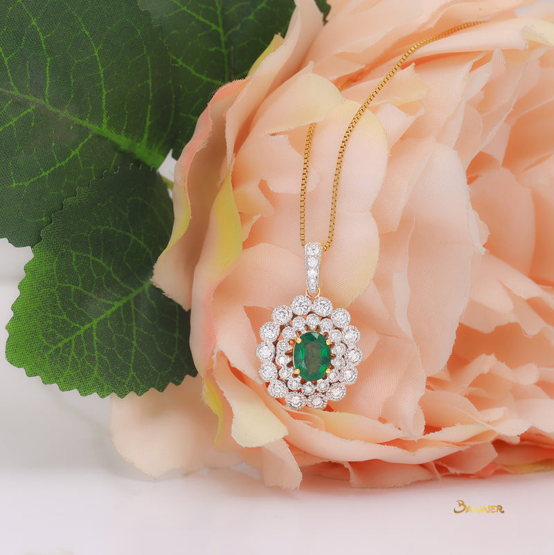 Emerald and Diamond Vintage Design Double Halo Pendant
