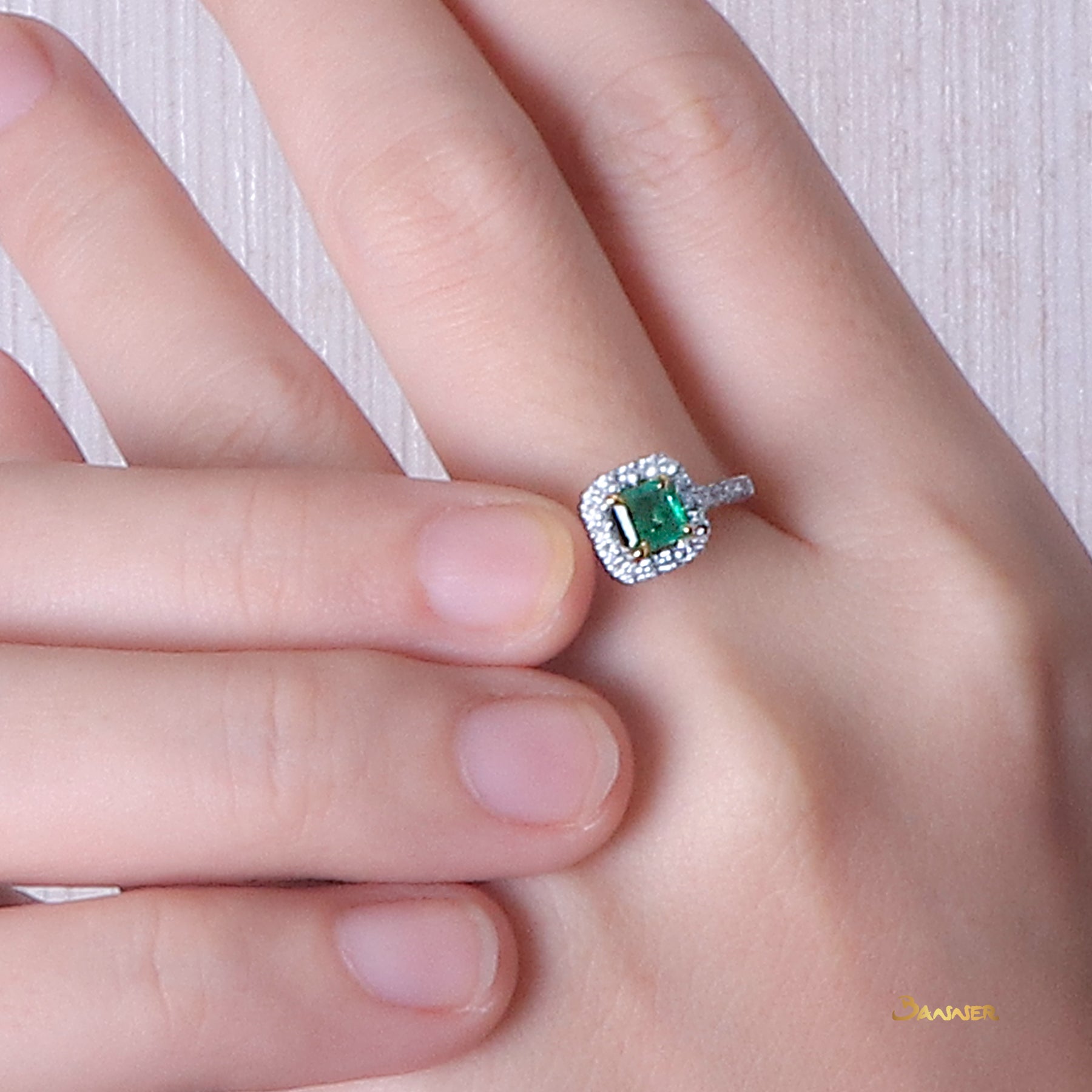 Emerald and Diamond Halo Ring