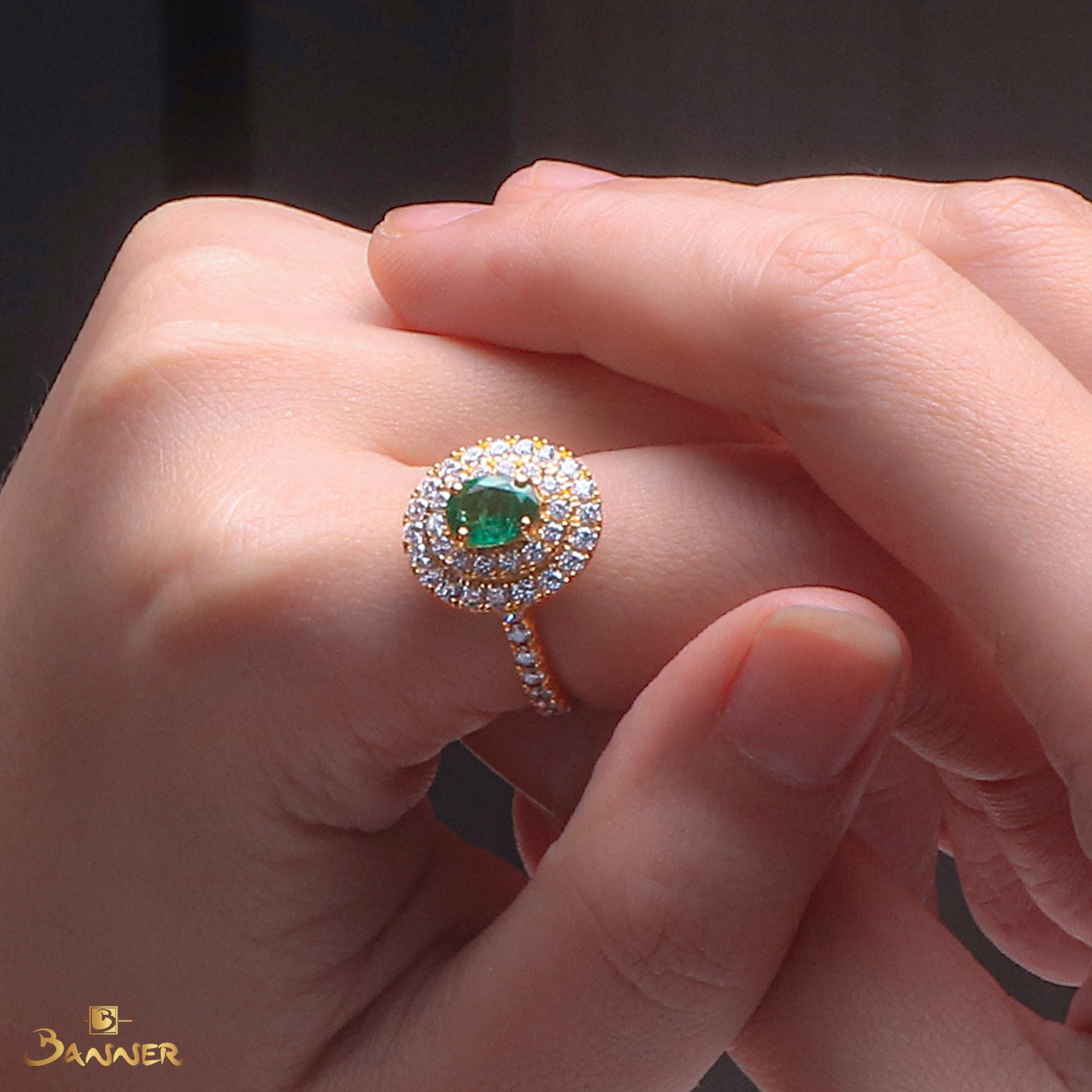 Columbian Emerald and Diamond Double Halo Ring