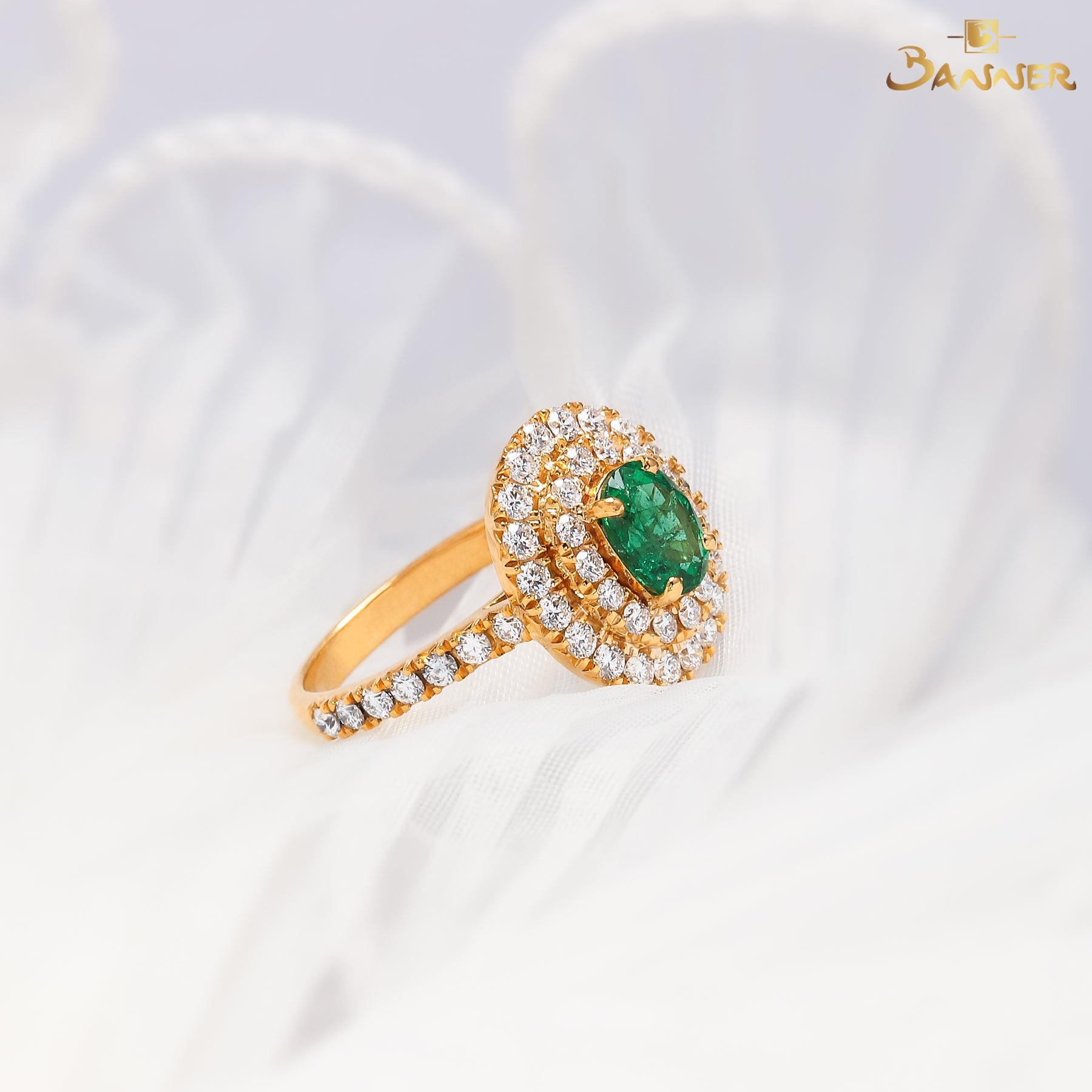 Columbian Emerald and Diamond Double Halo Ring