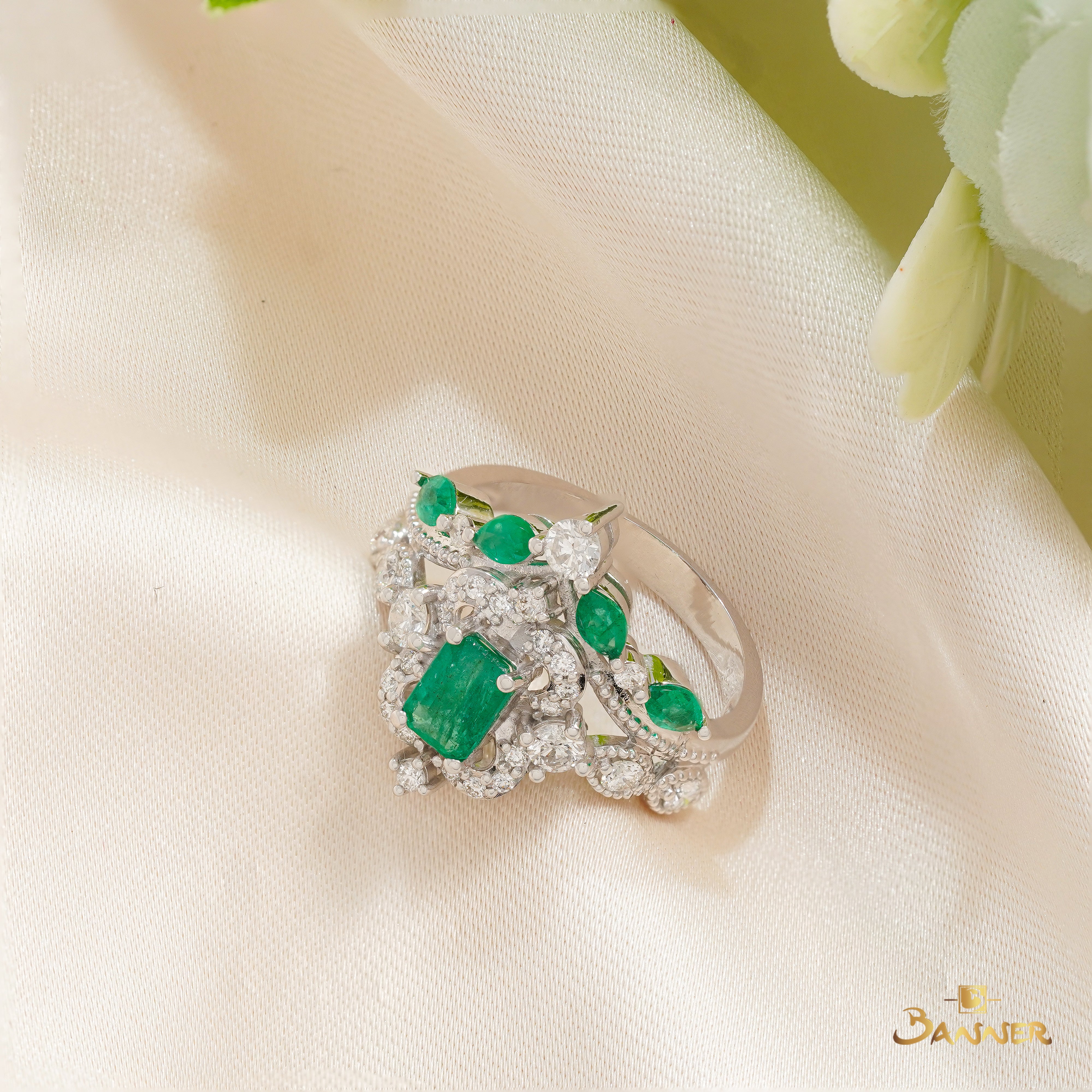 Emerald and Diamond Vintage Halo Ring