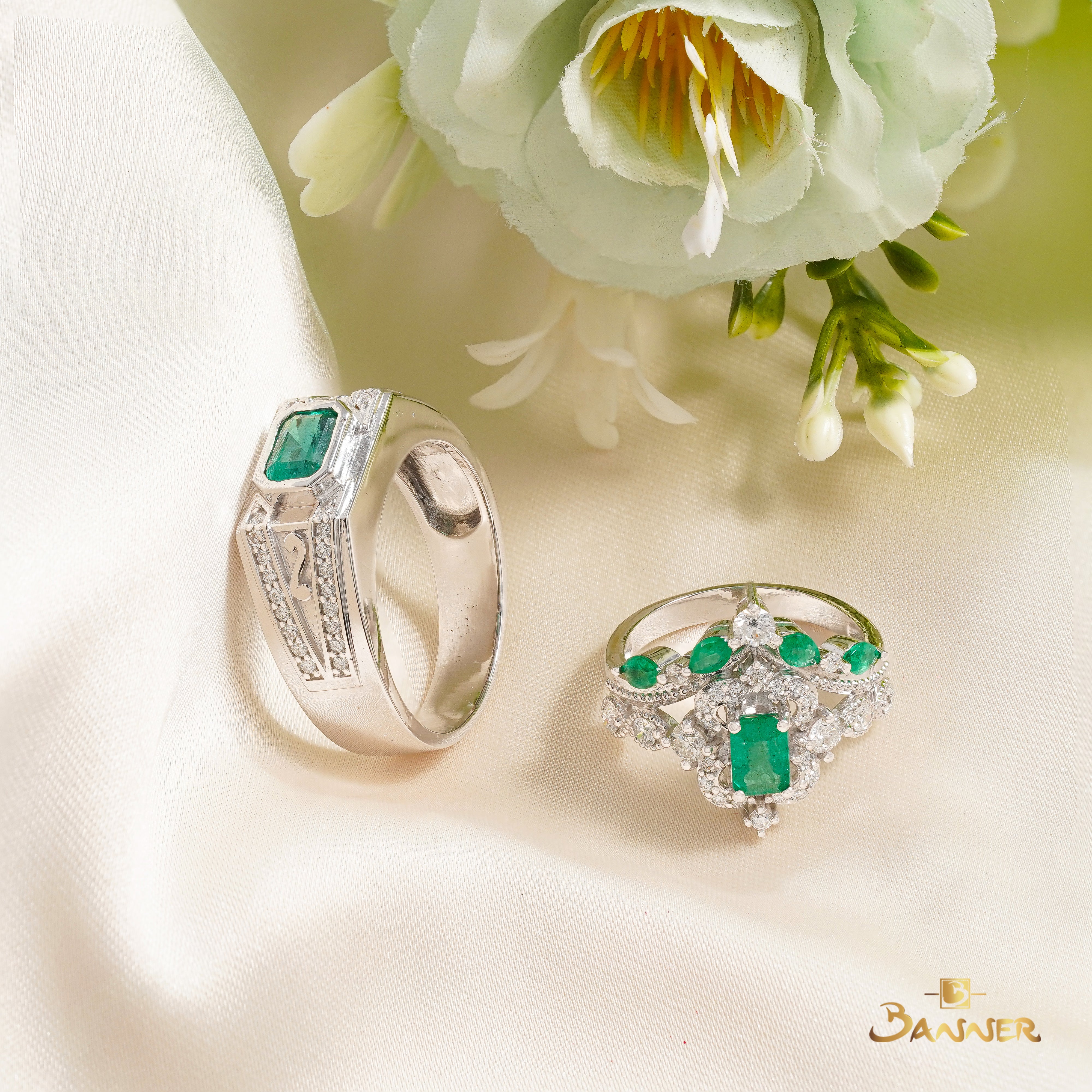 Emerald and Diamond Vintage Halo Ring