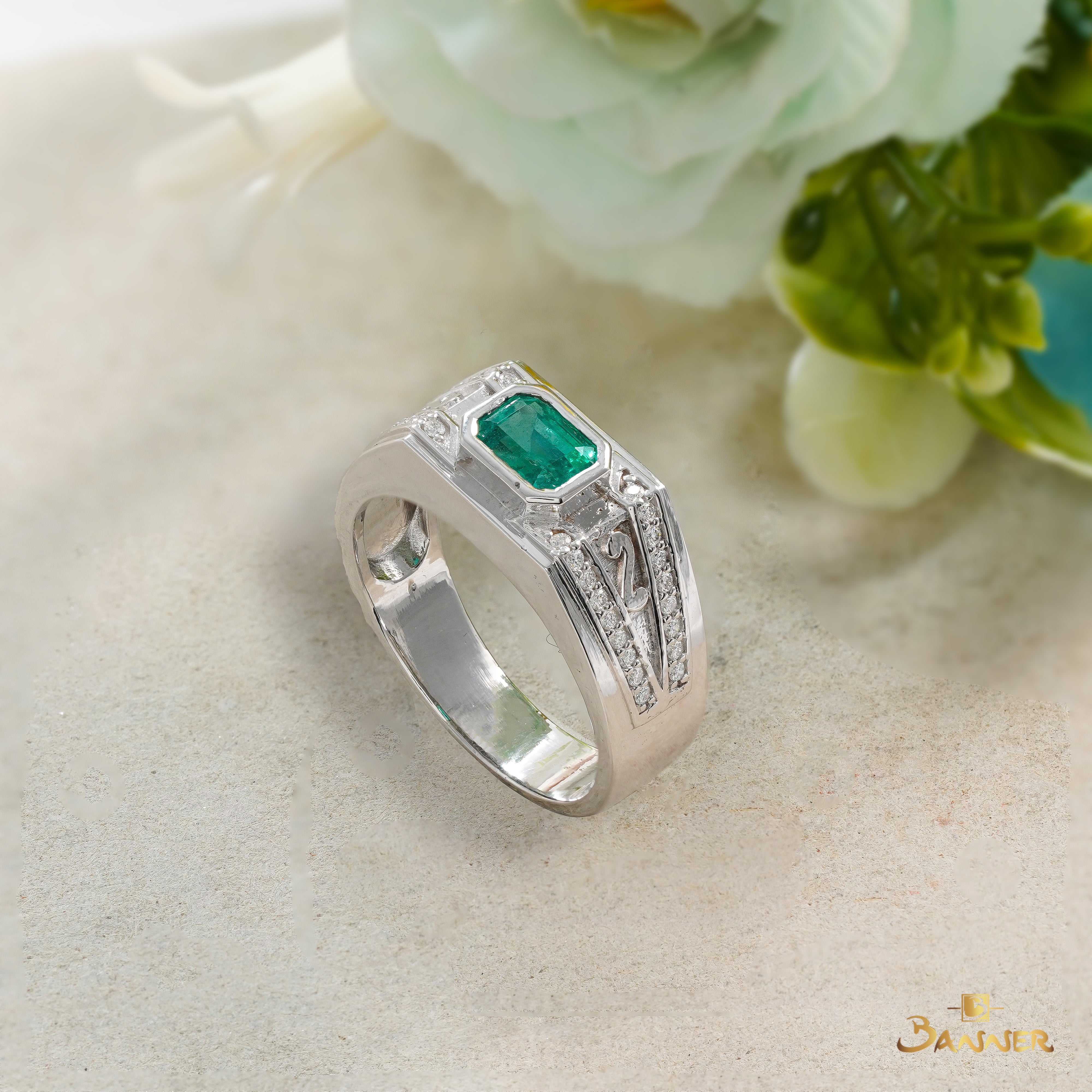 Emerald and Diamond Vintage Men Ring
