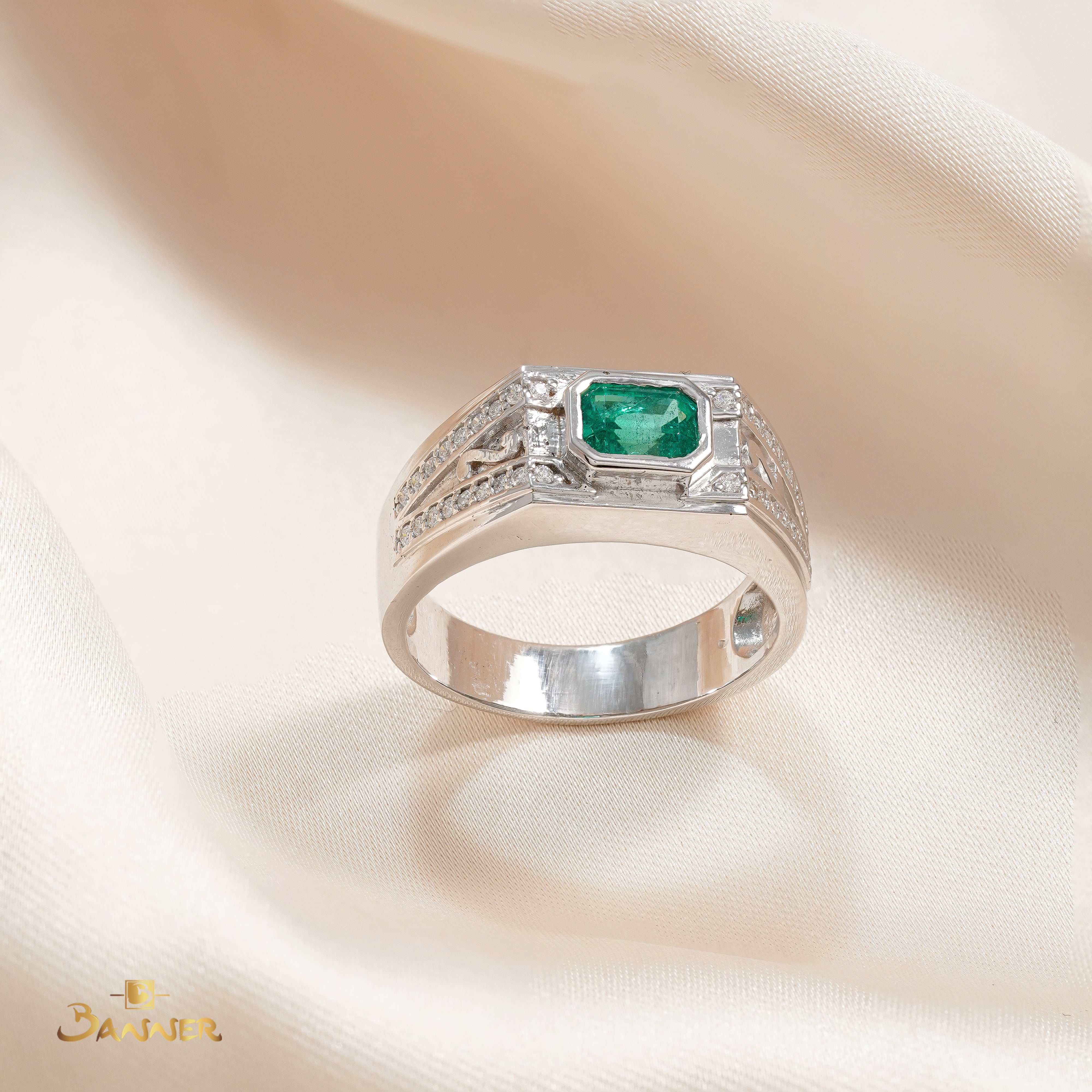 Emerald and Diamond Vintage Men Ring
