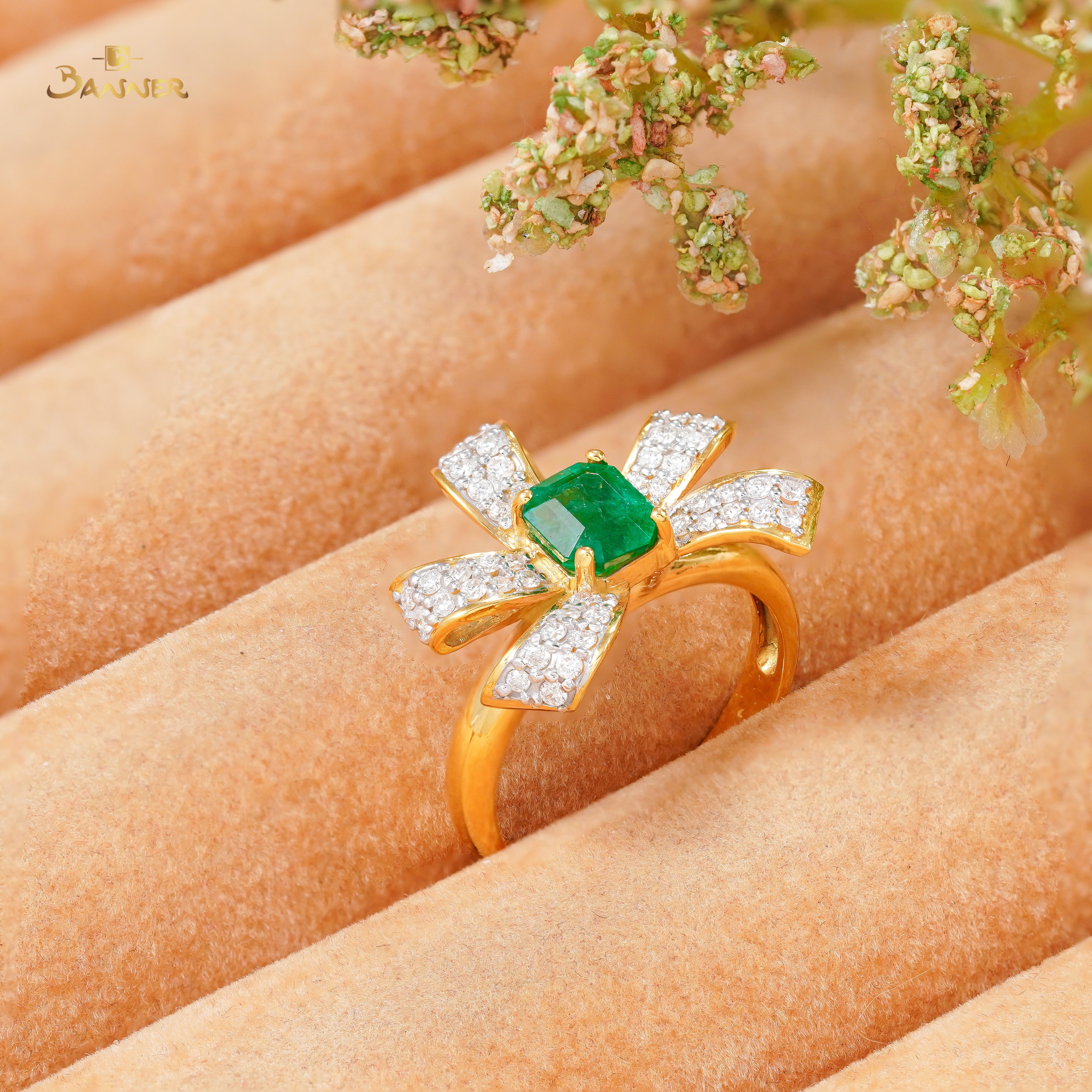 Columbia Emerald and Diamond Bow Ring
