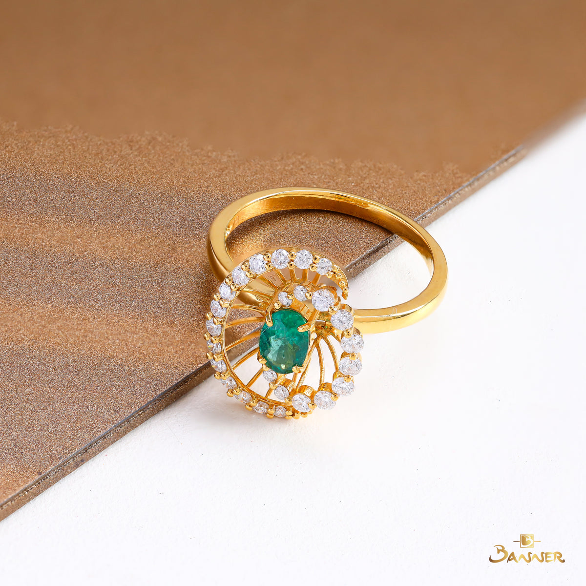 Emerald and Diamond Sunburst Ring