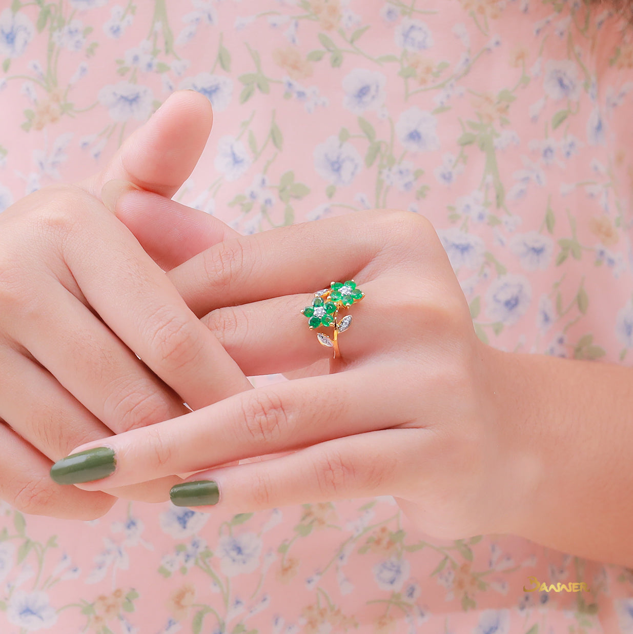 Emerald and Diamond Flower Ring