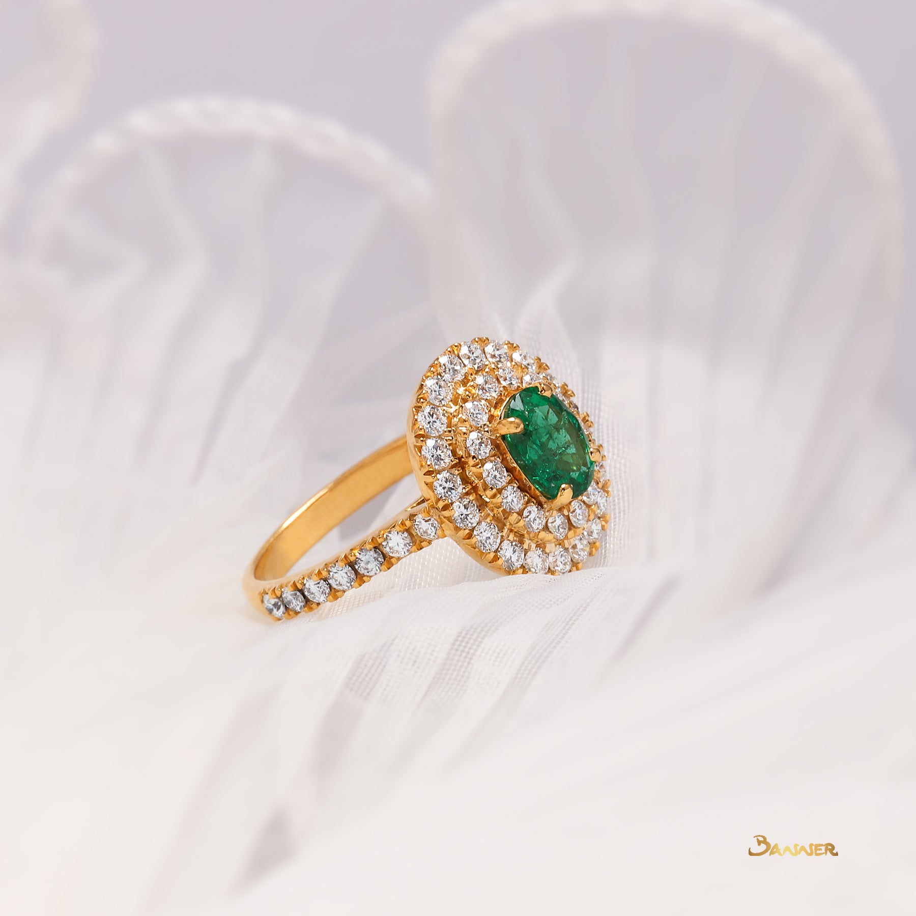 Emerald and Diamond Double Halo Ring