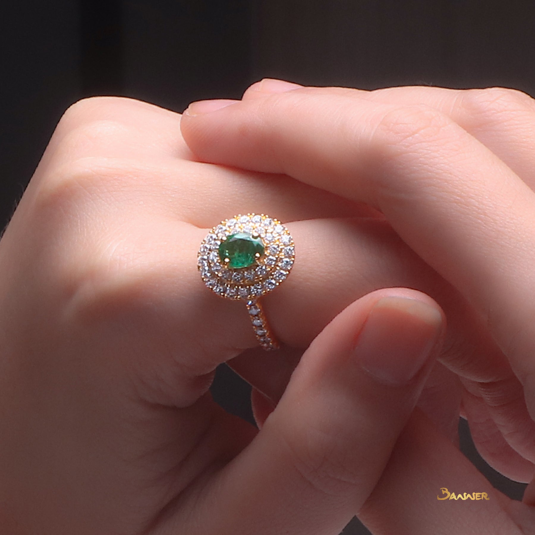 Emerald and Diamond Double Halo Ring