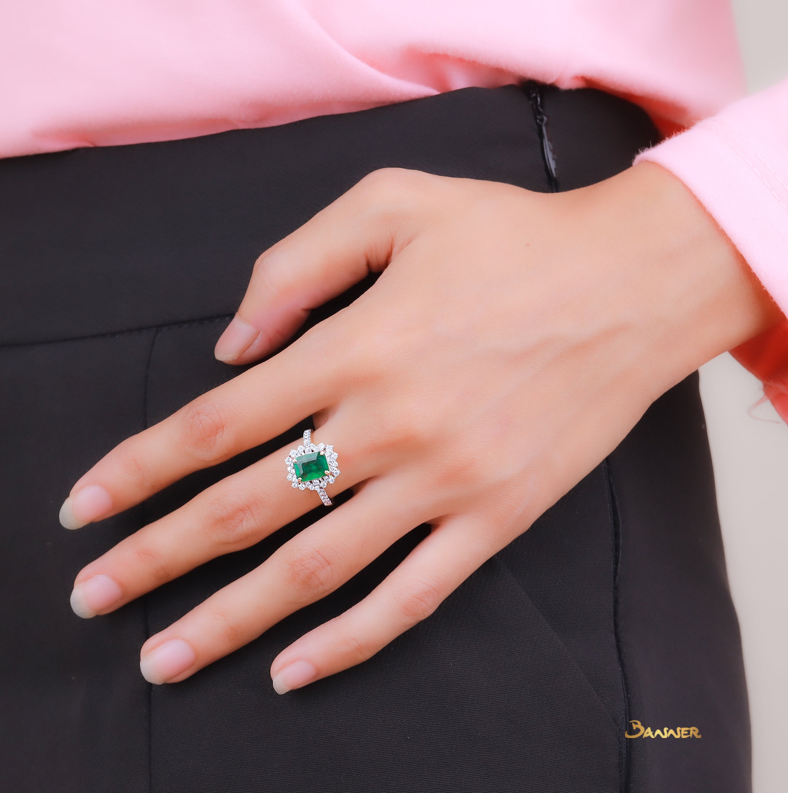 Emerald and Diamond Abstract Ring