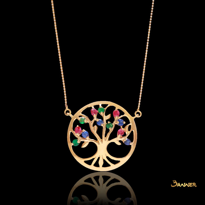 Ruby, Sapphire and Emerald Tree of Life Necklace