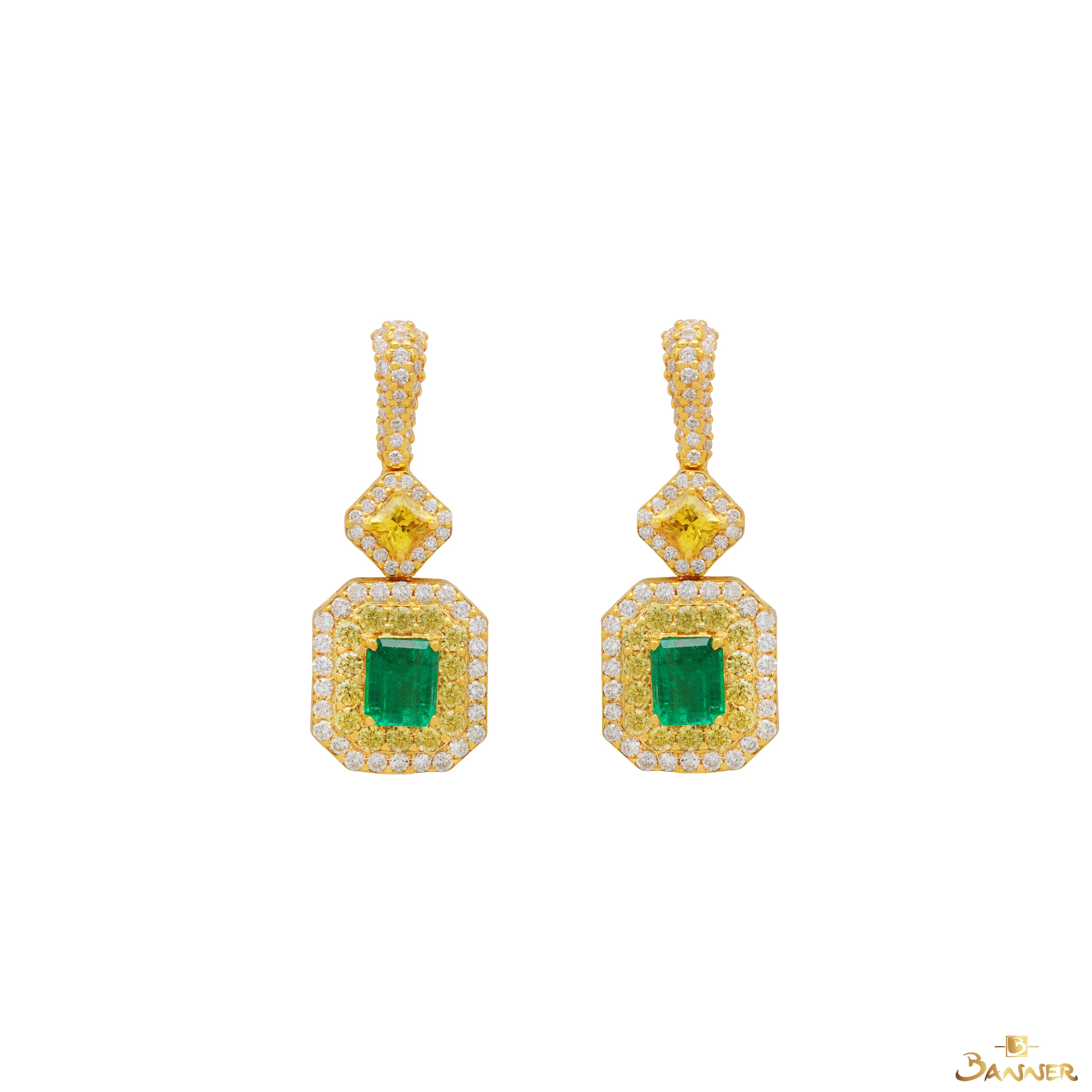 Emerald , Yellow Sapphire and Diamond Halo Earrings