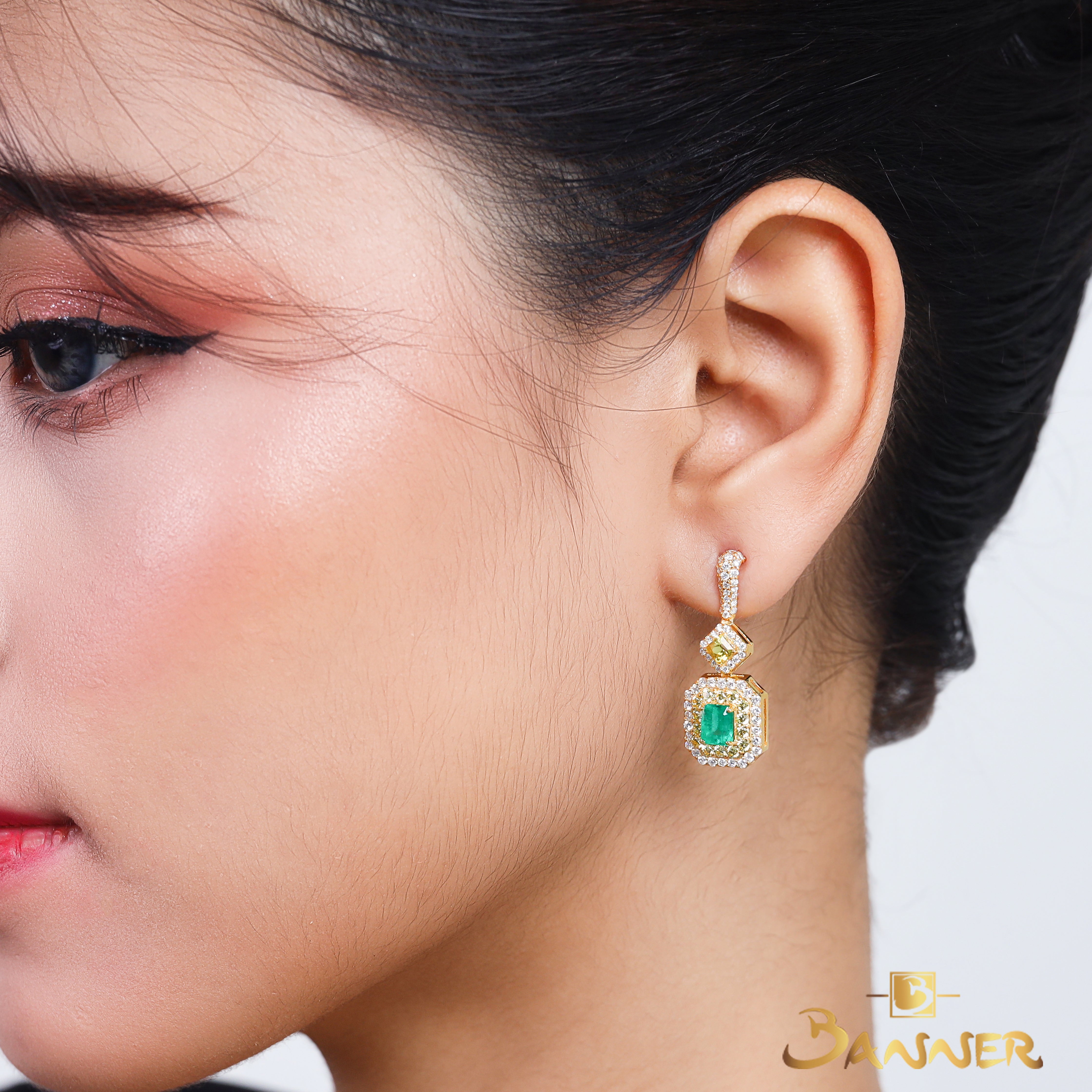 Emerald , Yellow Sapphire and Diamond Halo Earrings