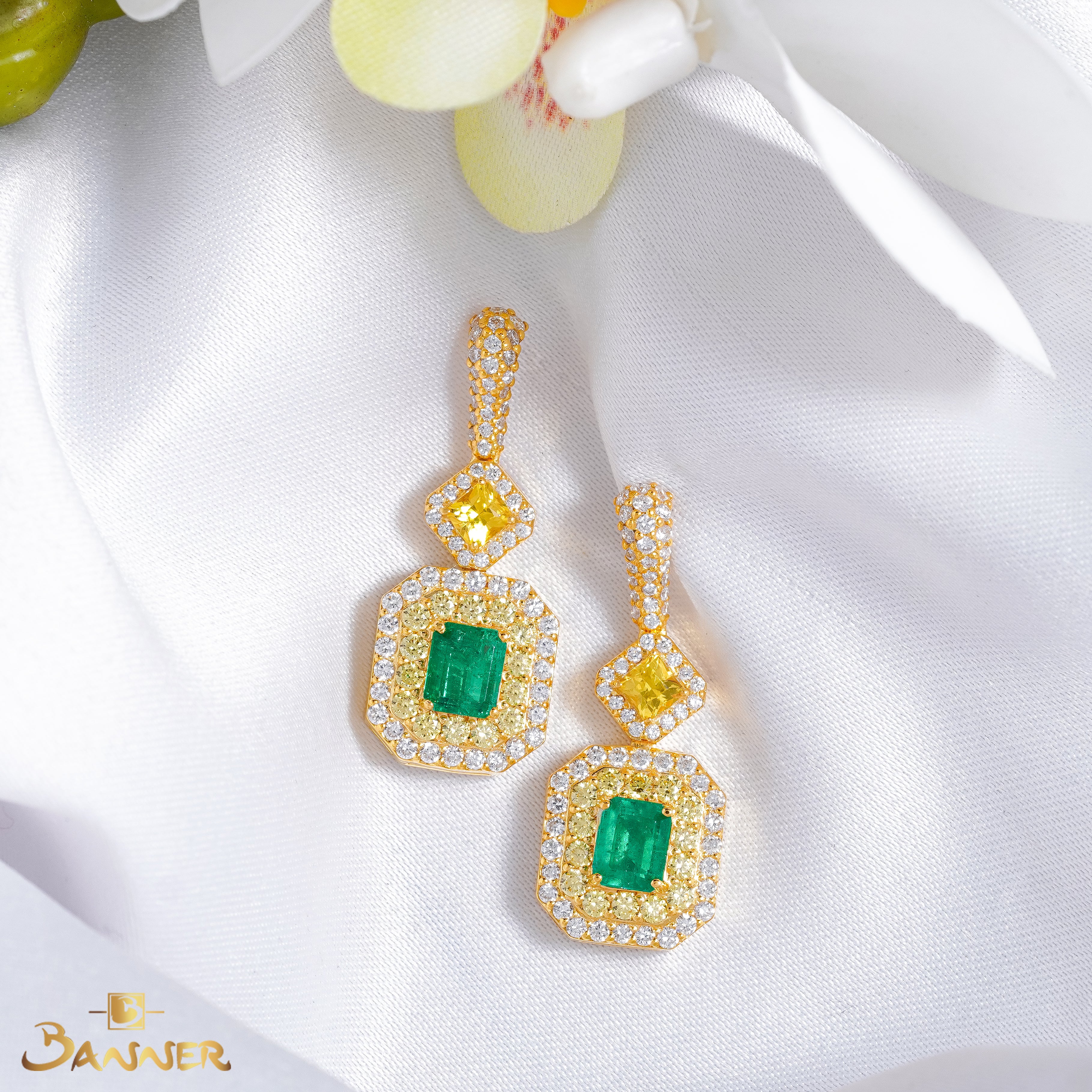 Emerald , Yellow Sapphire and Diamond Halo Earrings