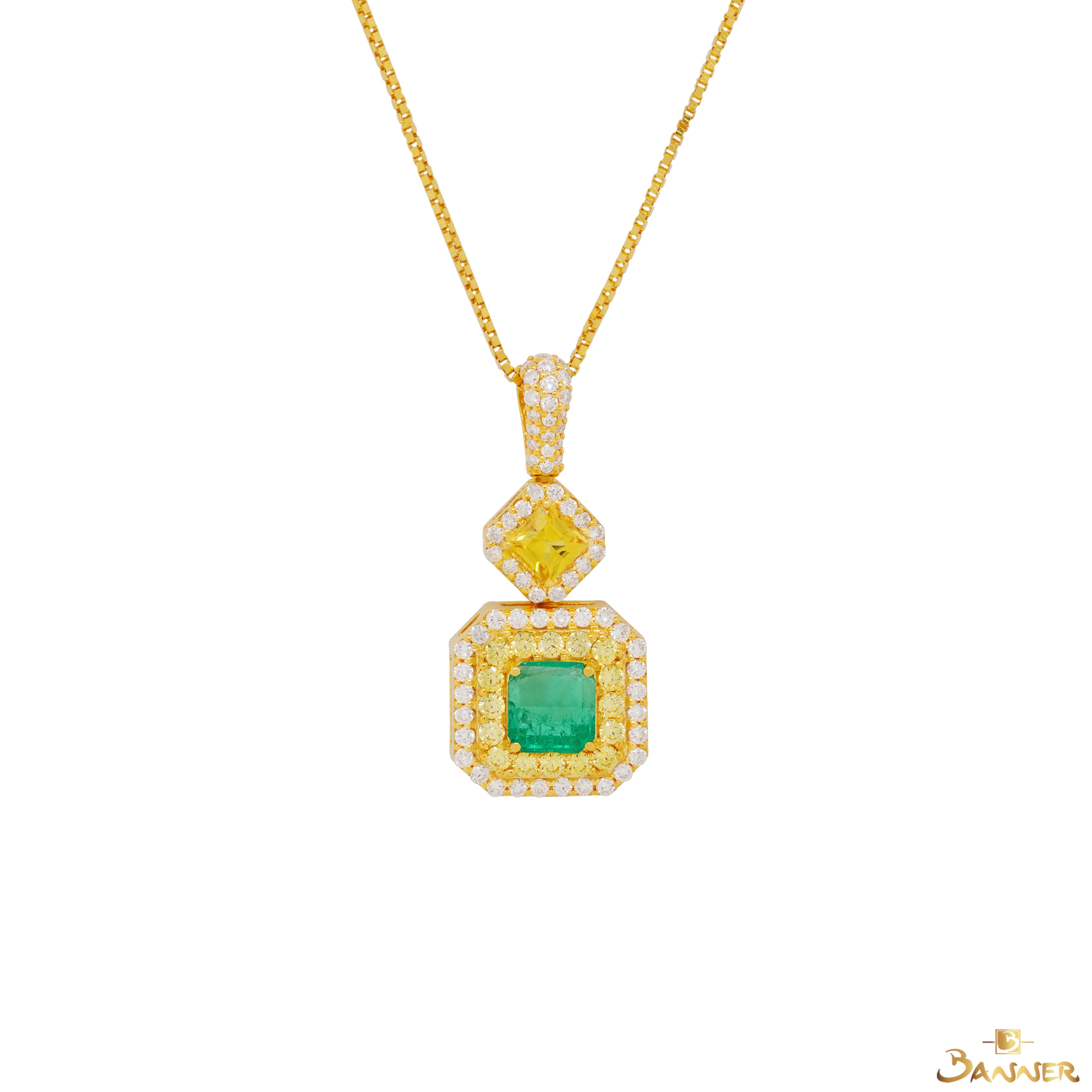 Emerald , Yellow Sapphire and Diamond Dual Halo Pendant