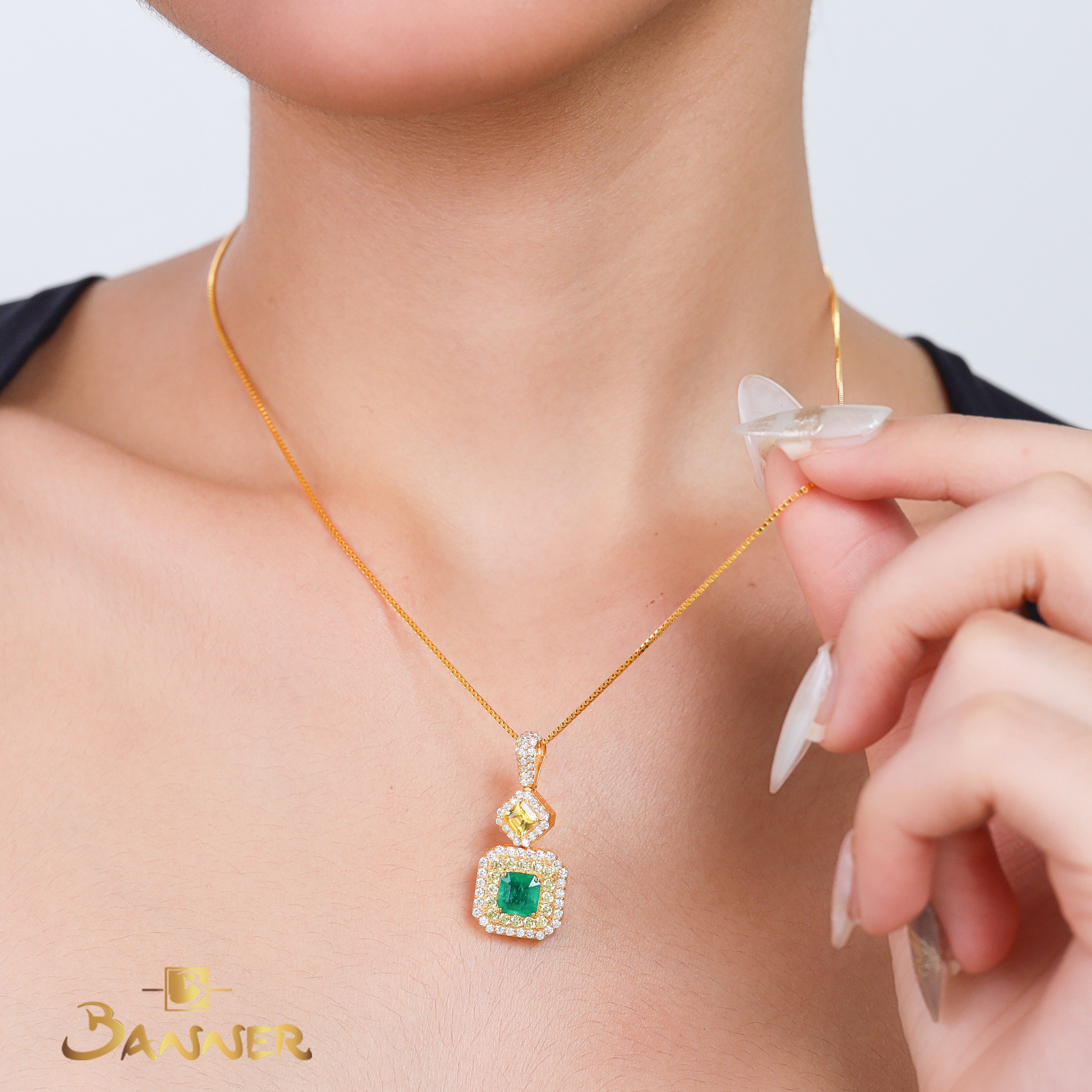 Emerald , Yellow Sapphire and Diamond Dual Halo Pendant