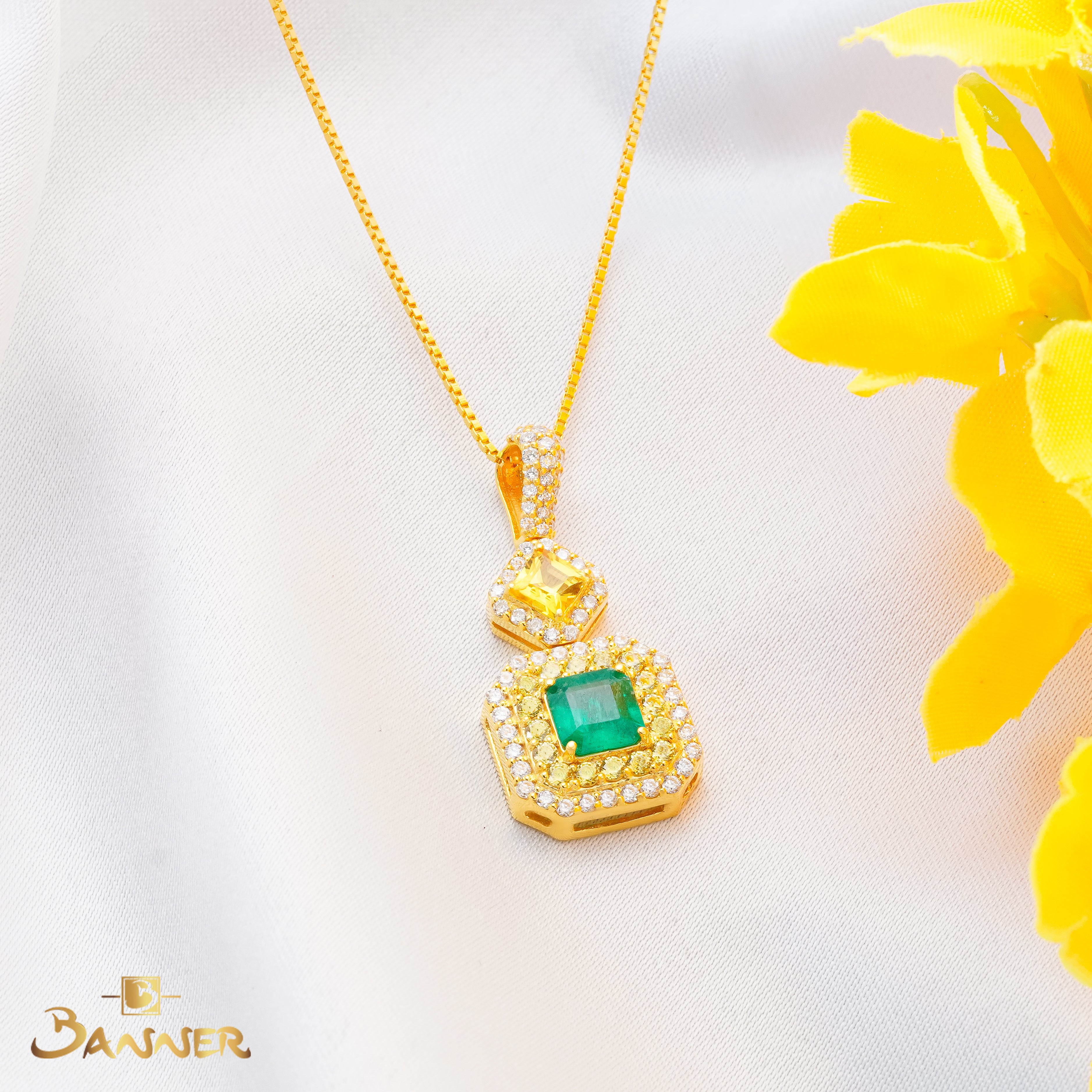 Emerald , Yellow Sapphire and Diamond Dual Halo Pendant