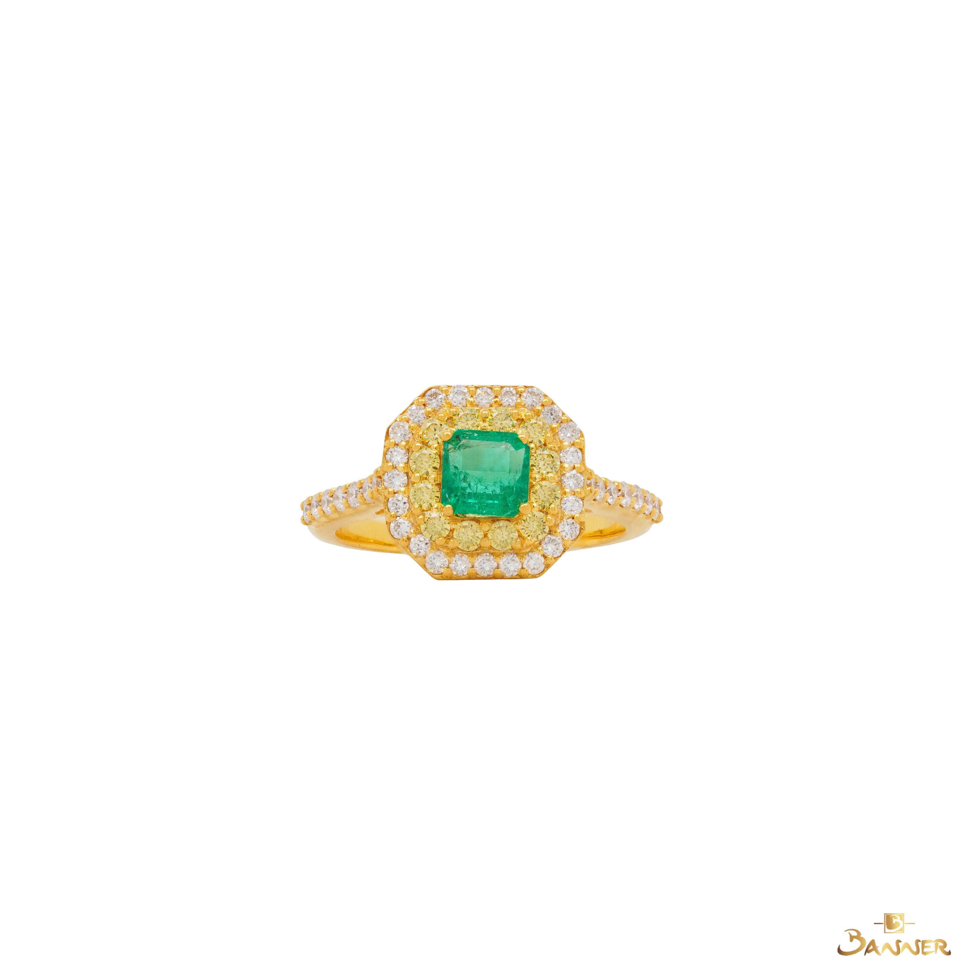 Emerald , Yellow Sapphire and Diamond Halo Ring