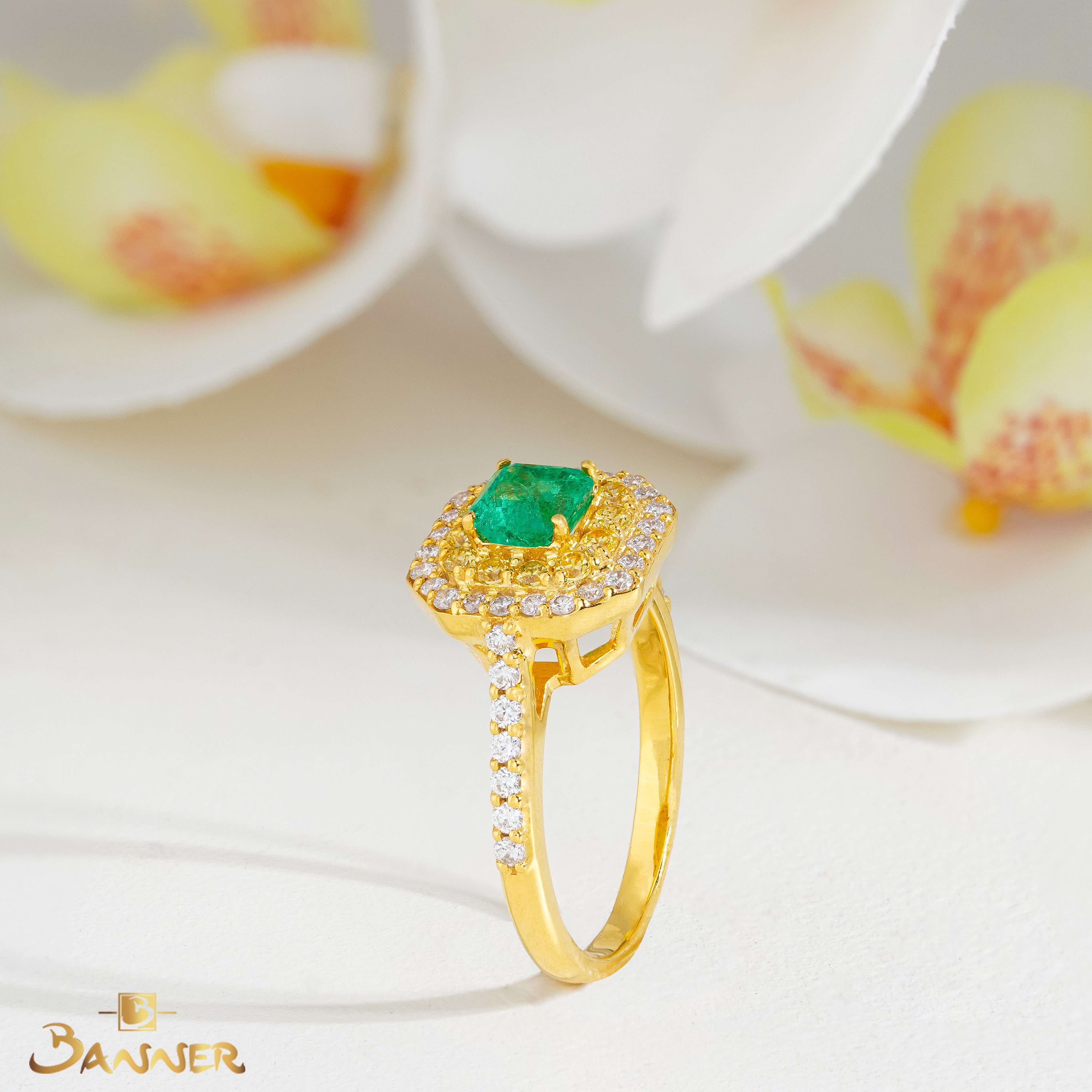 Emerald , Yellow Sapphire and Diamond Halo Ring