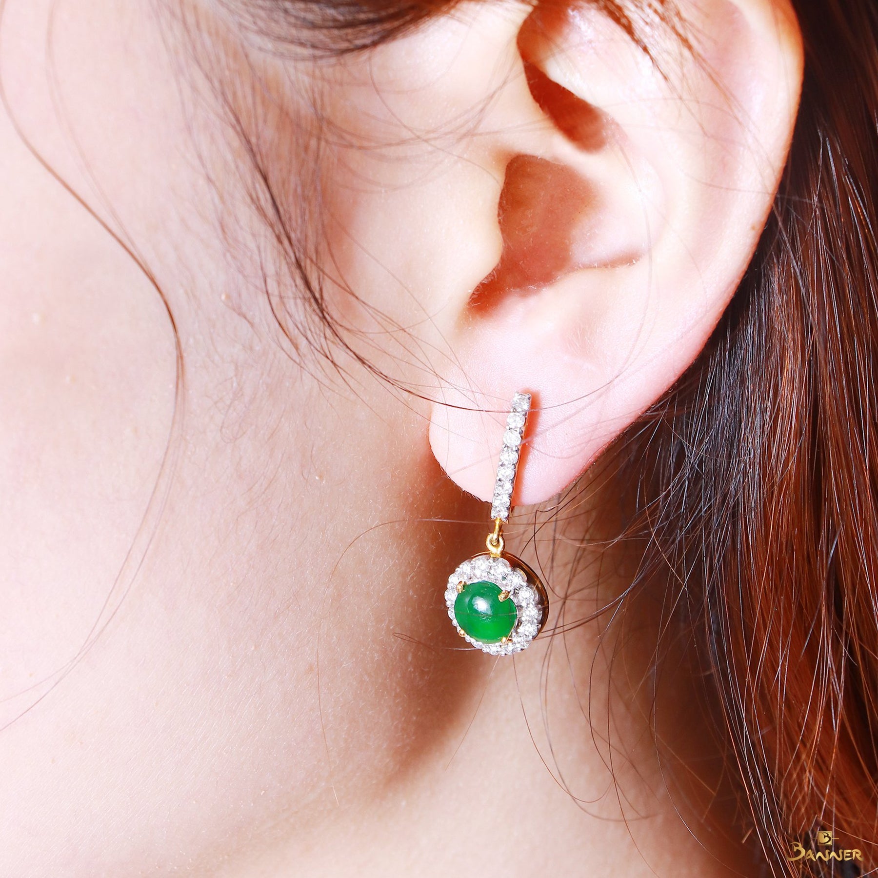 Jade and Diamond Halo Dangle Earrings