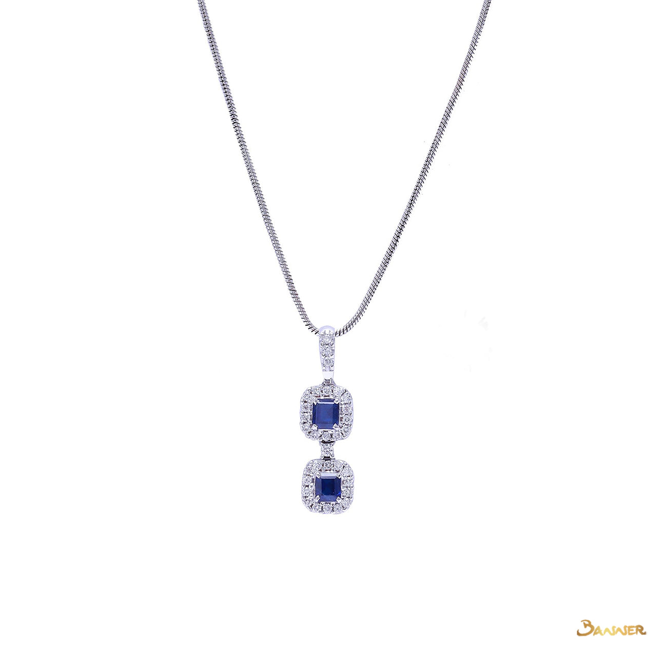 Emerald-cut Sapphire and Diamond 2-Step Halo Pendant