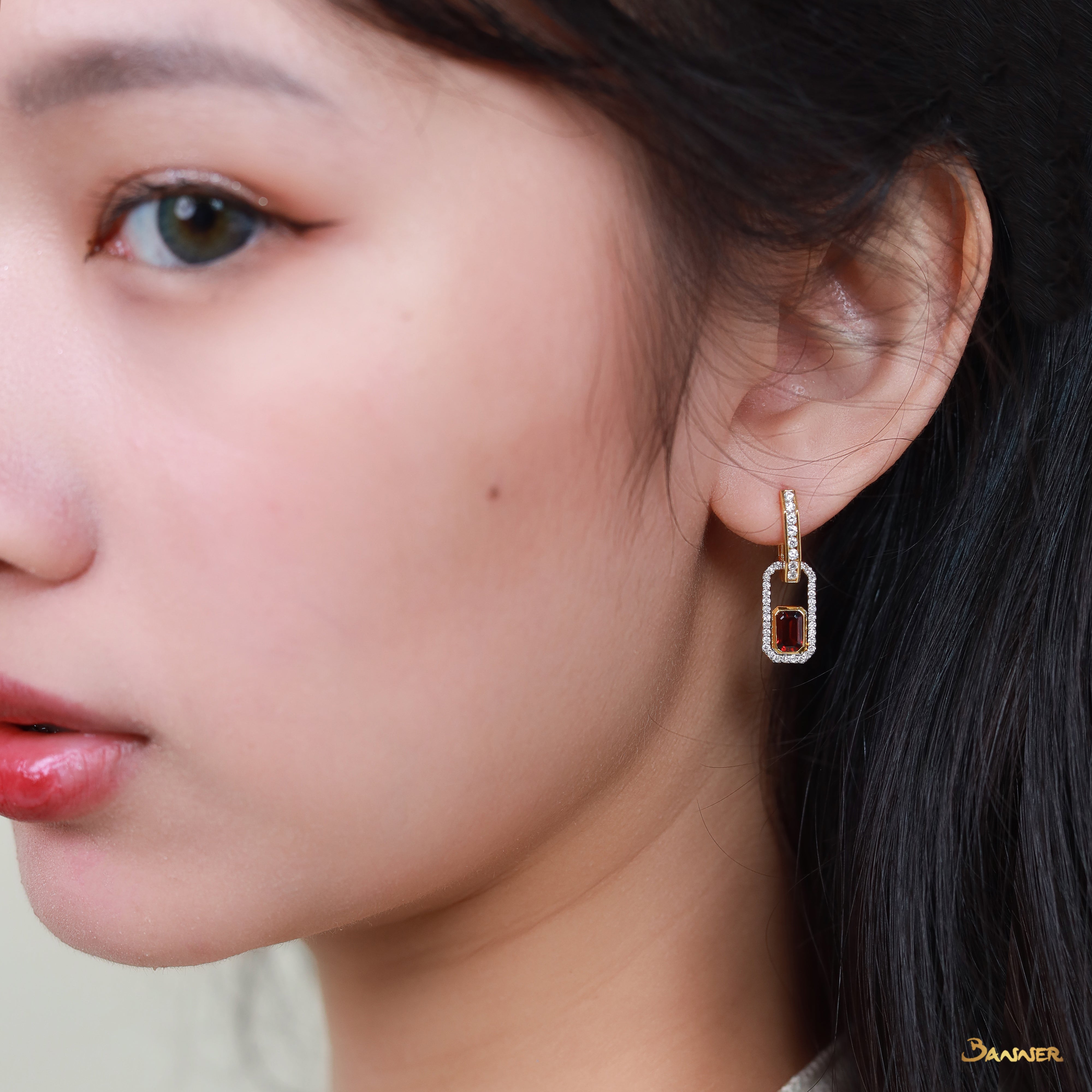 Garnet and Diamond Paper Clip Earrings