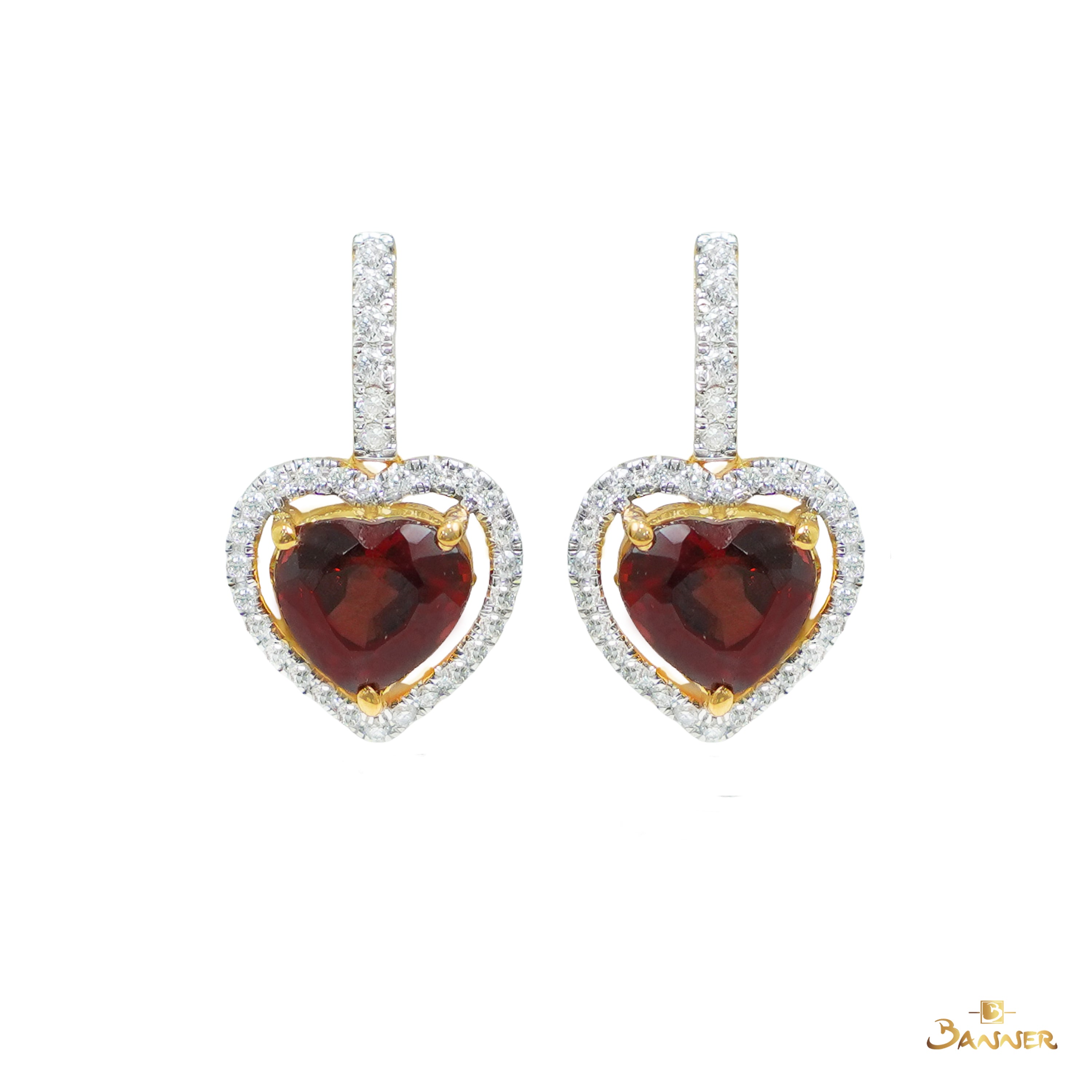 Garnet and Diamond Heart Dangle Earrings