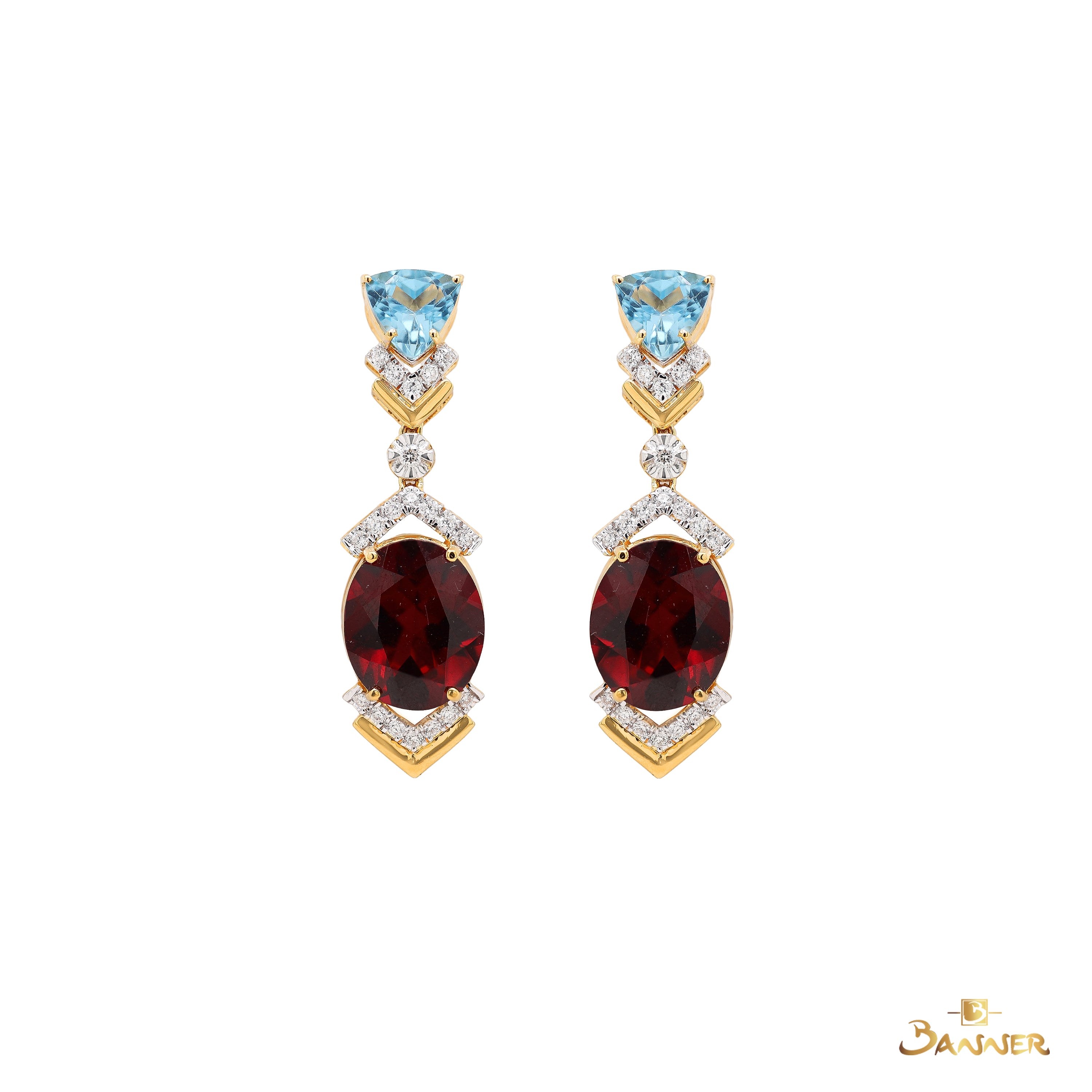 Garnet , Blue Topaz and Diamond Crystalis Earrings