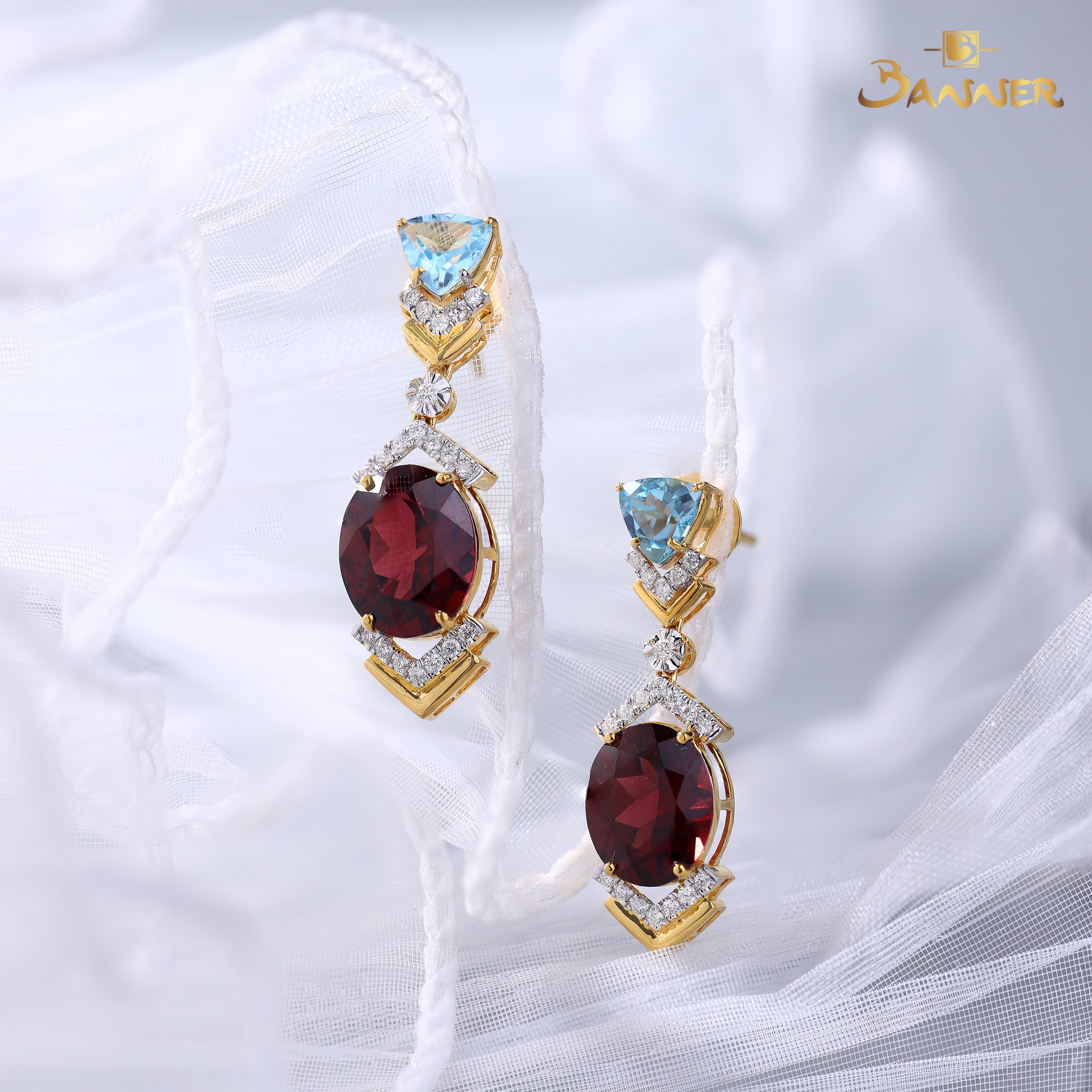 Garnet , Blue Topaz and Diamond Crystalis Earrings