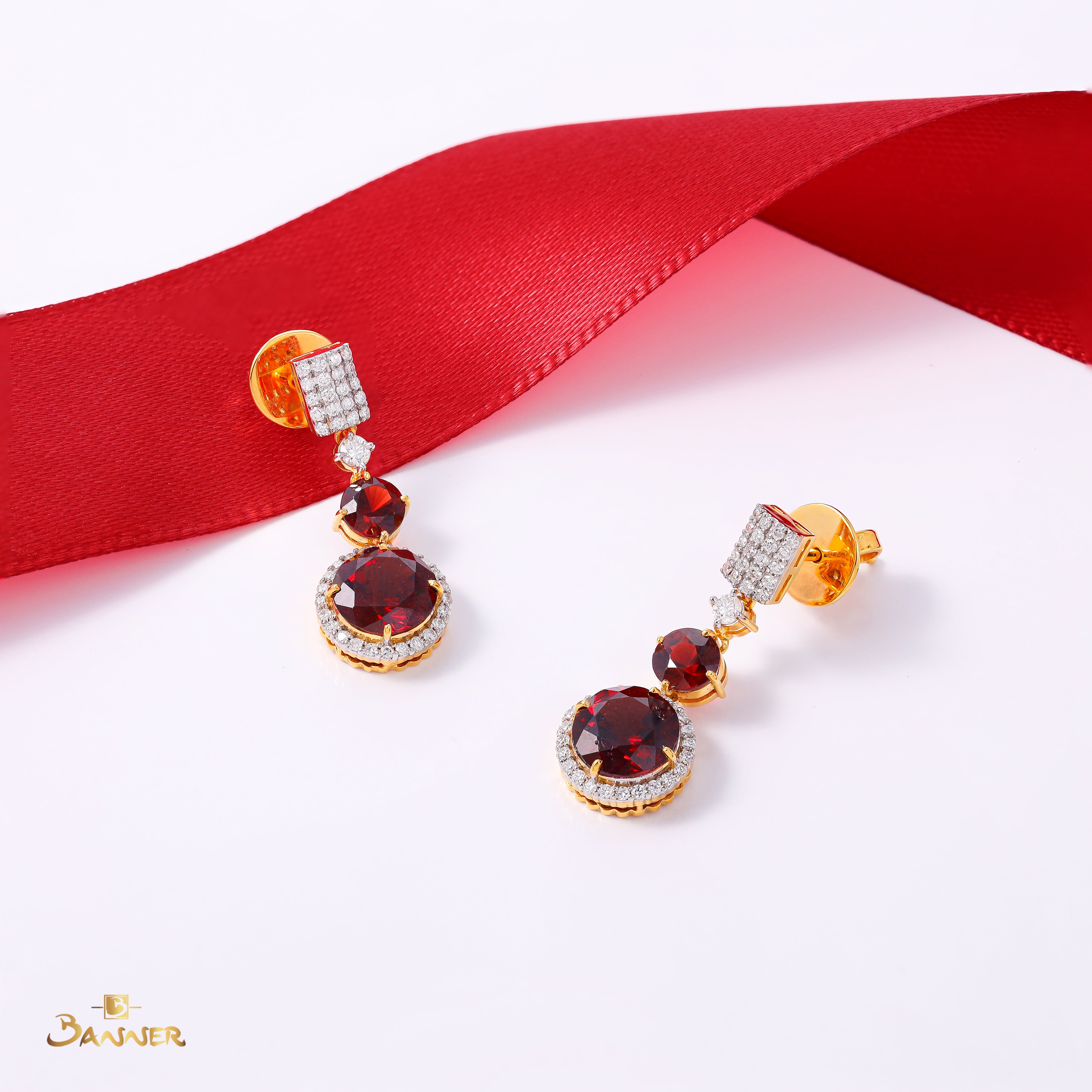 Garnet and Diamond Pave Halo Drop Earrings