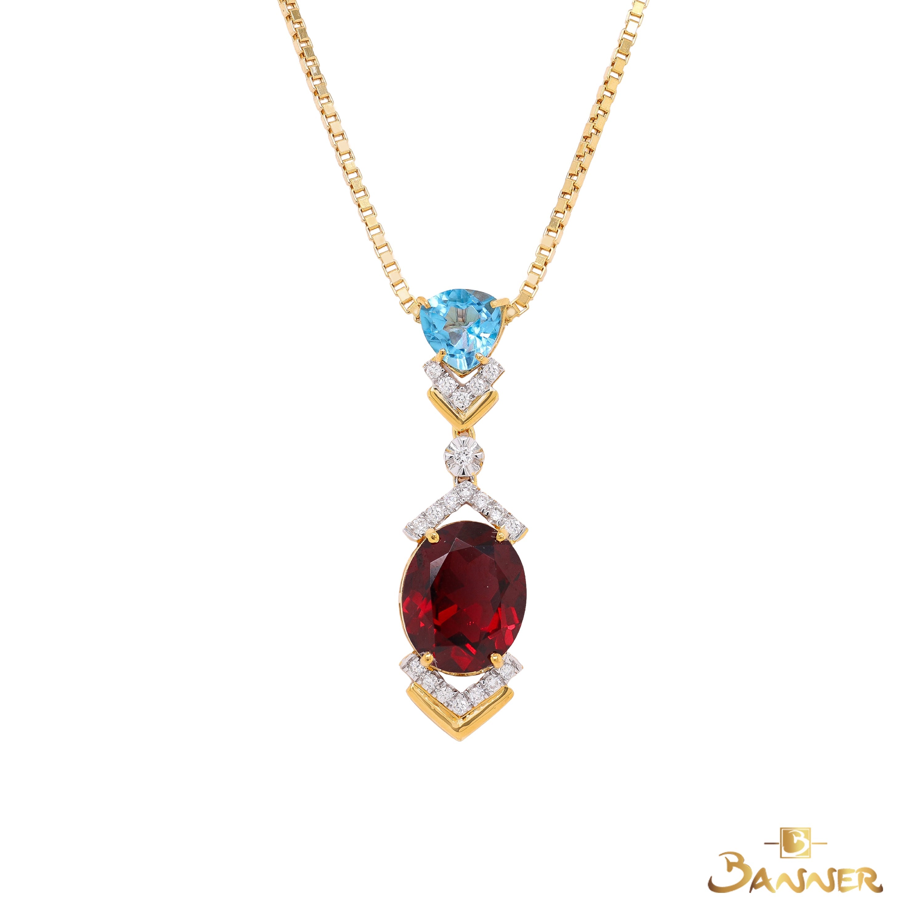 Garnet , Blue Topaz and Diamond Crystalis Pendant
