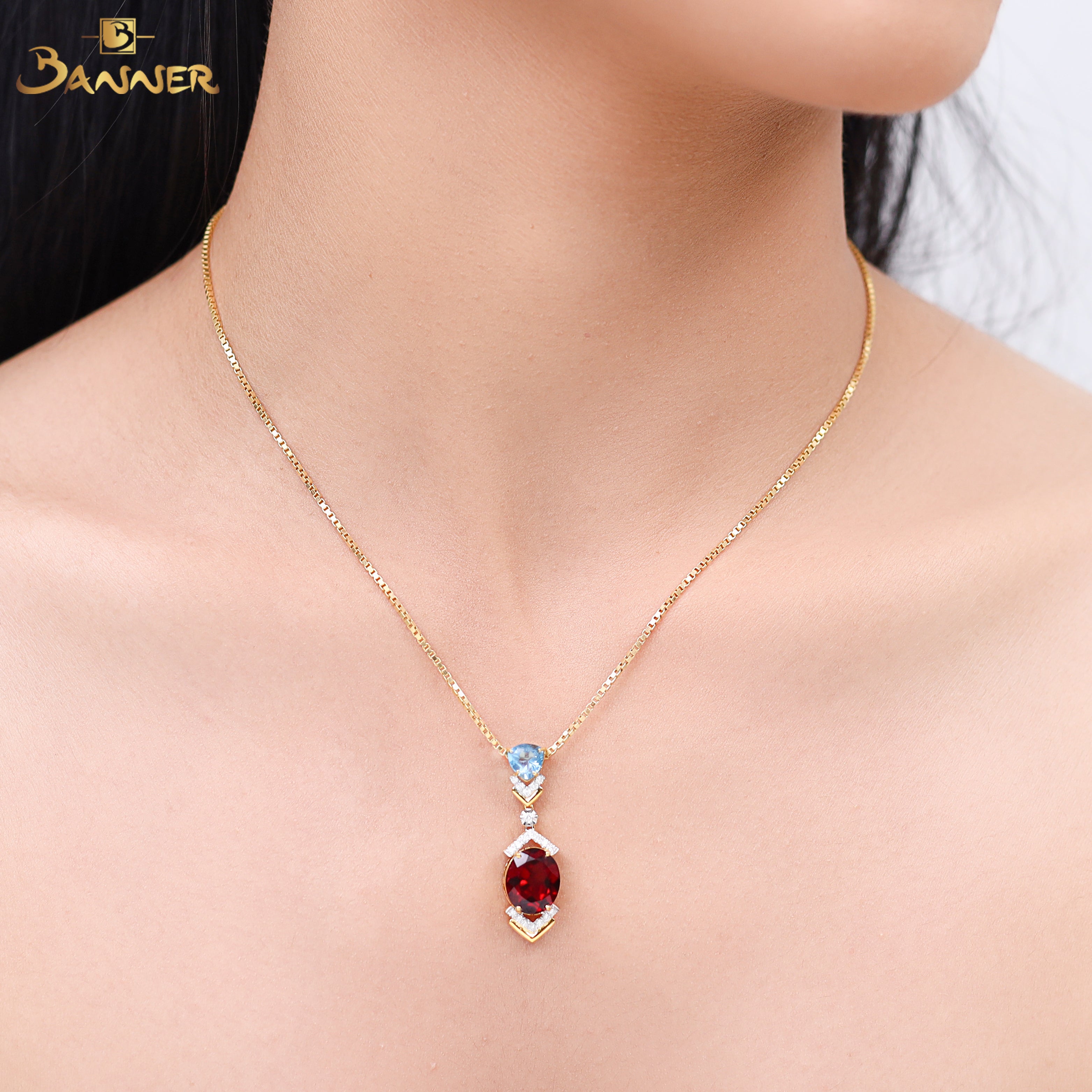 Garnet , Blue Topaz and Diamond Crystalis Pendant