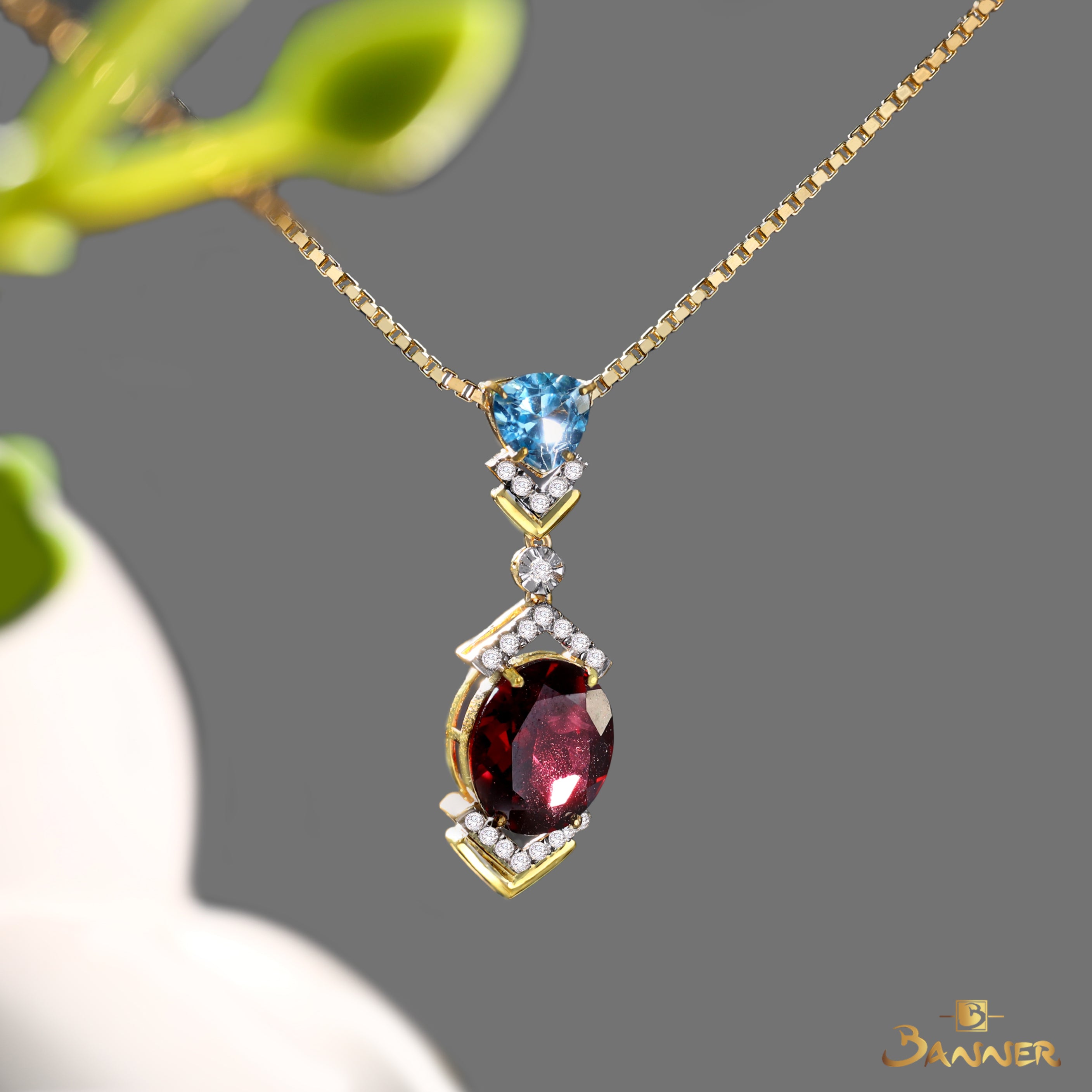 Garnet , Blue Topaz and Diamond Crystalis Pendant