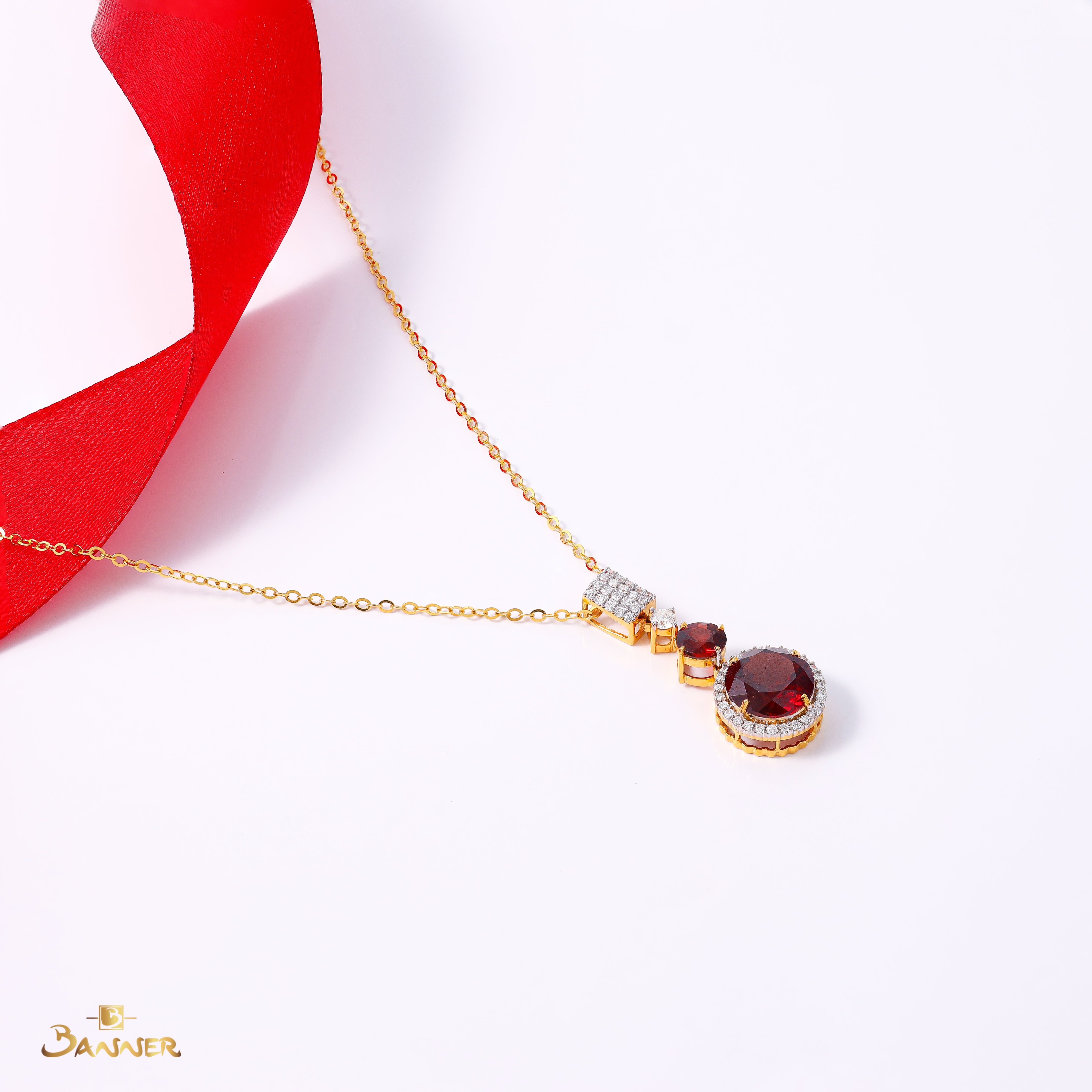 Garnet and Diamond Pave Halo Drop Pendant