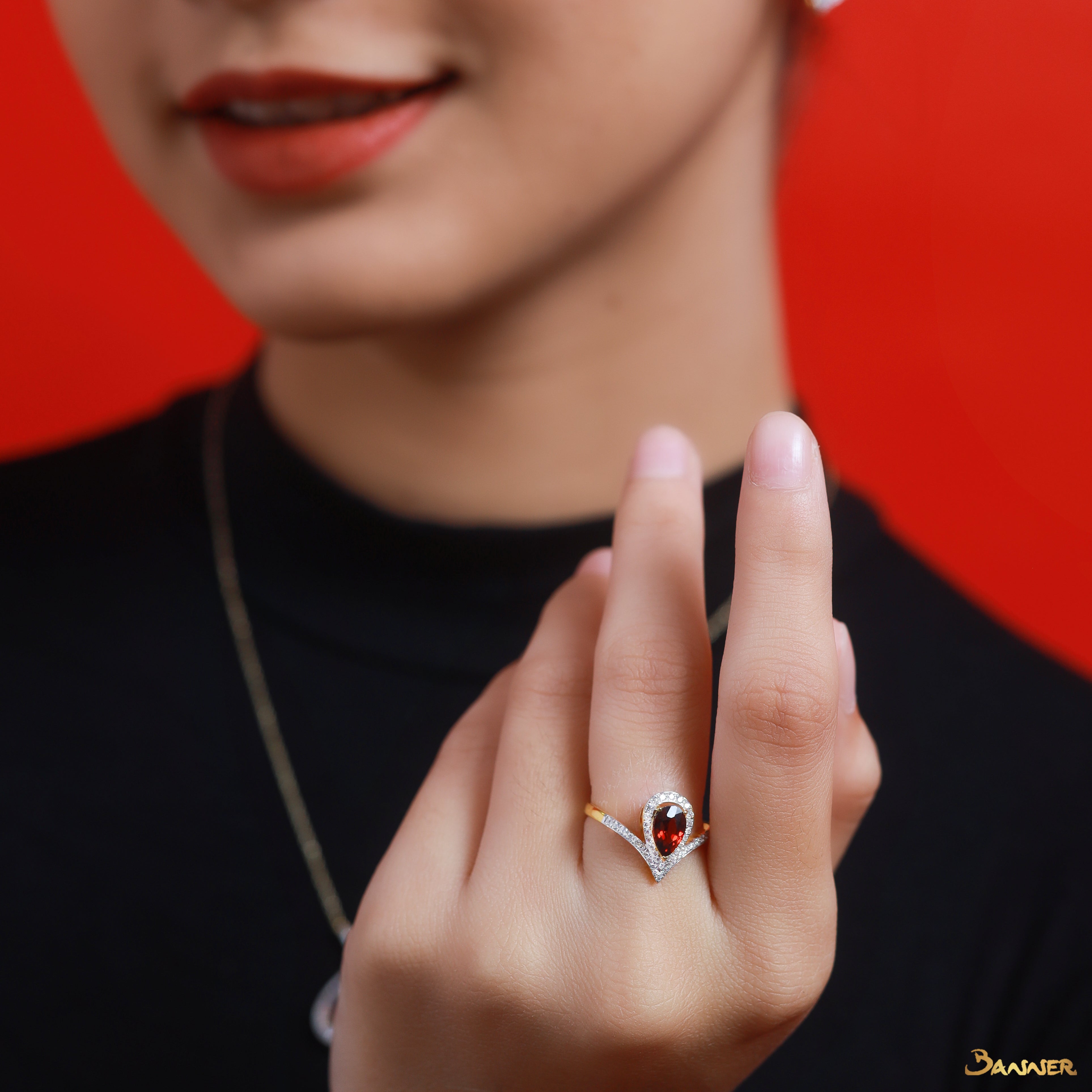 Pear-Shaped Garnet and Diamond Zest Ring