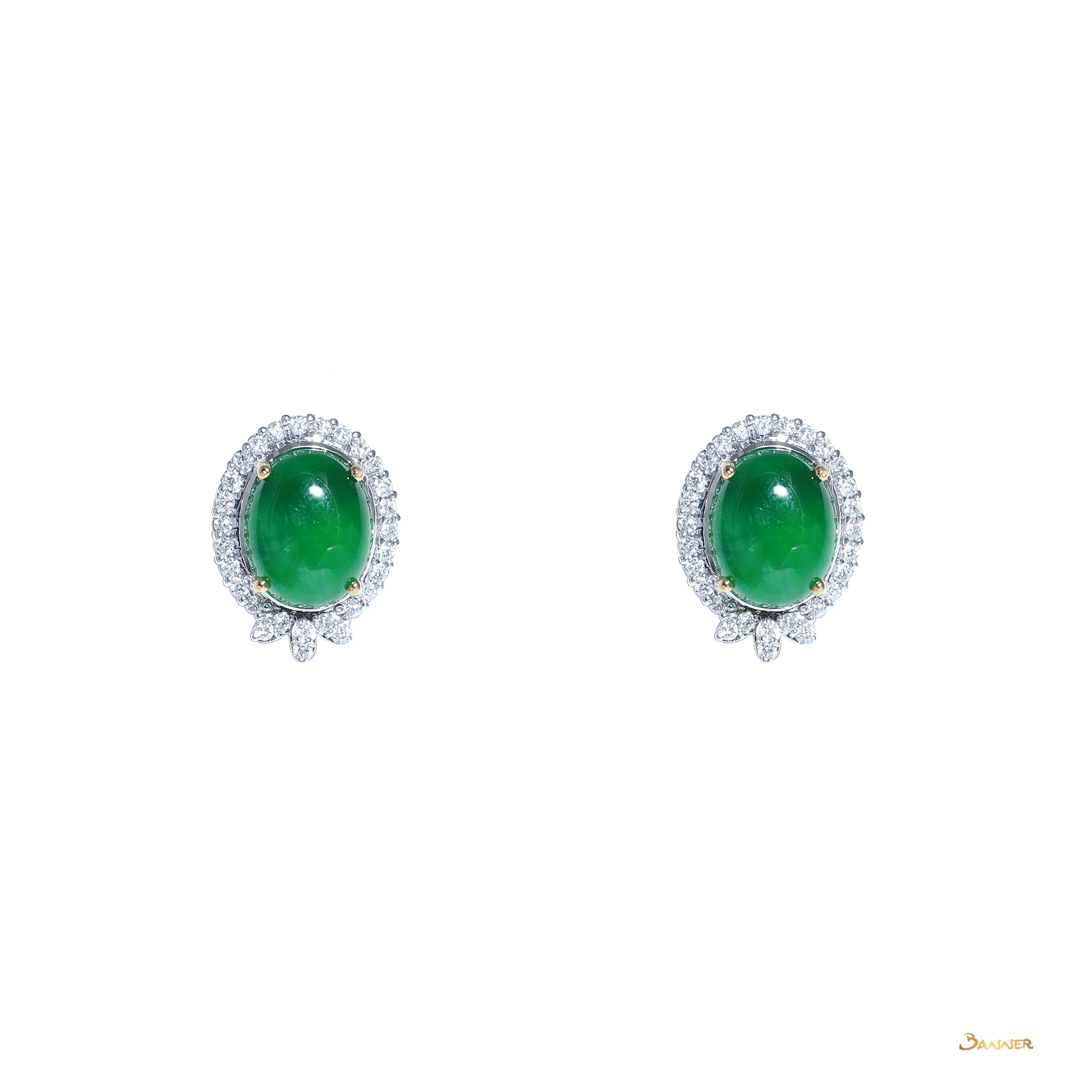 Oval Jade and Diamond Halo Stud Earrings