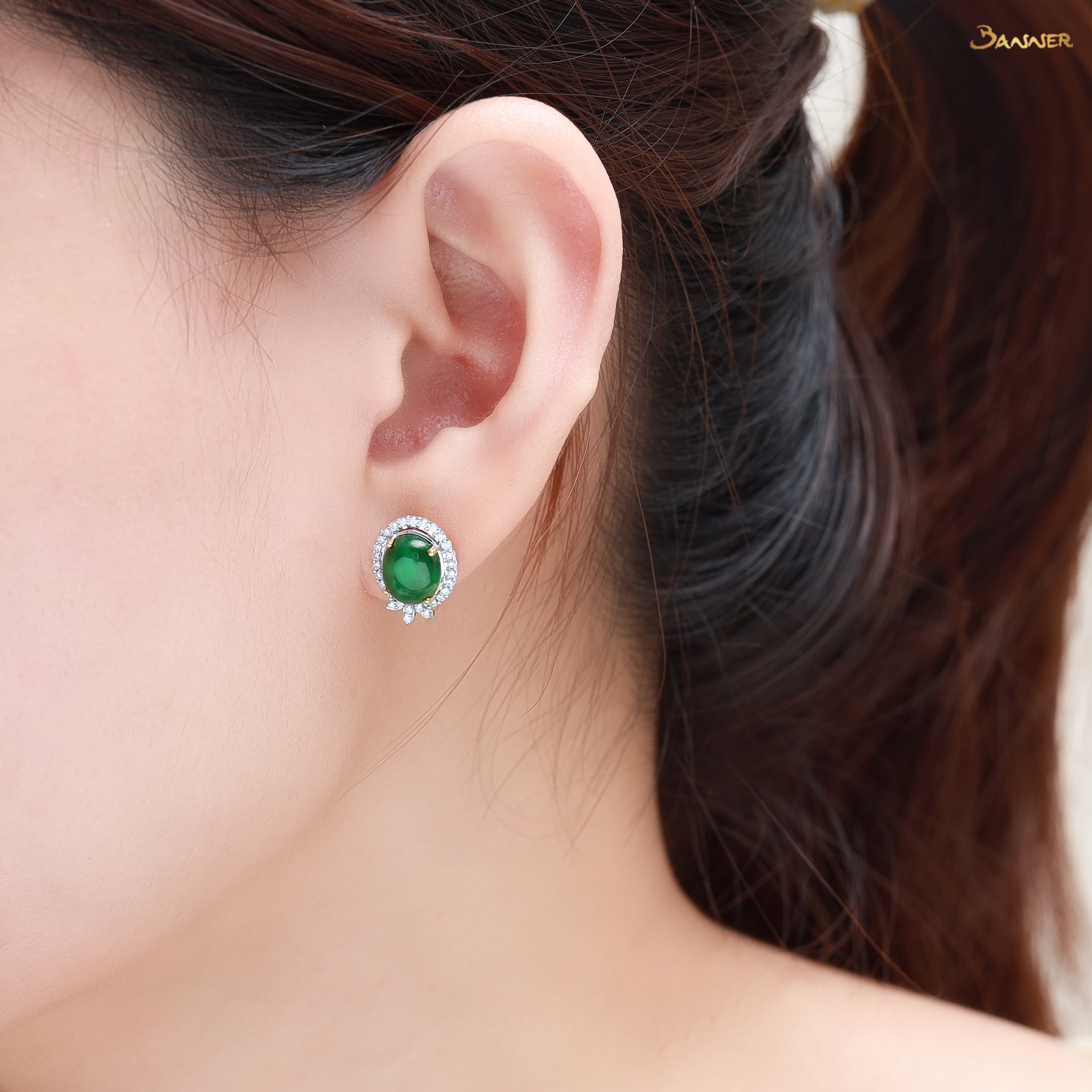 Oval Jade and Diamond Halo Stud Earrings