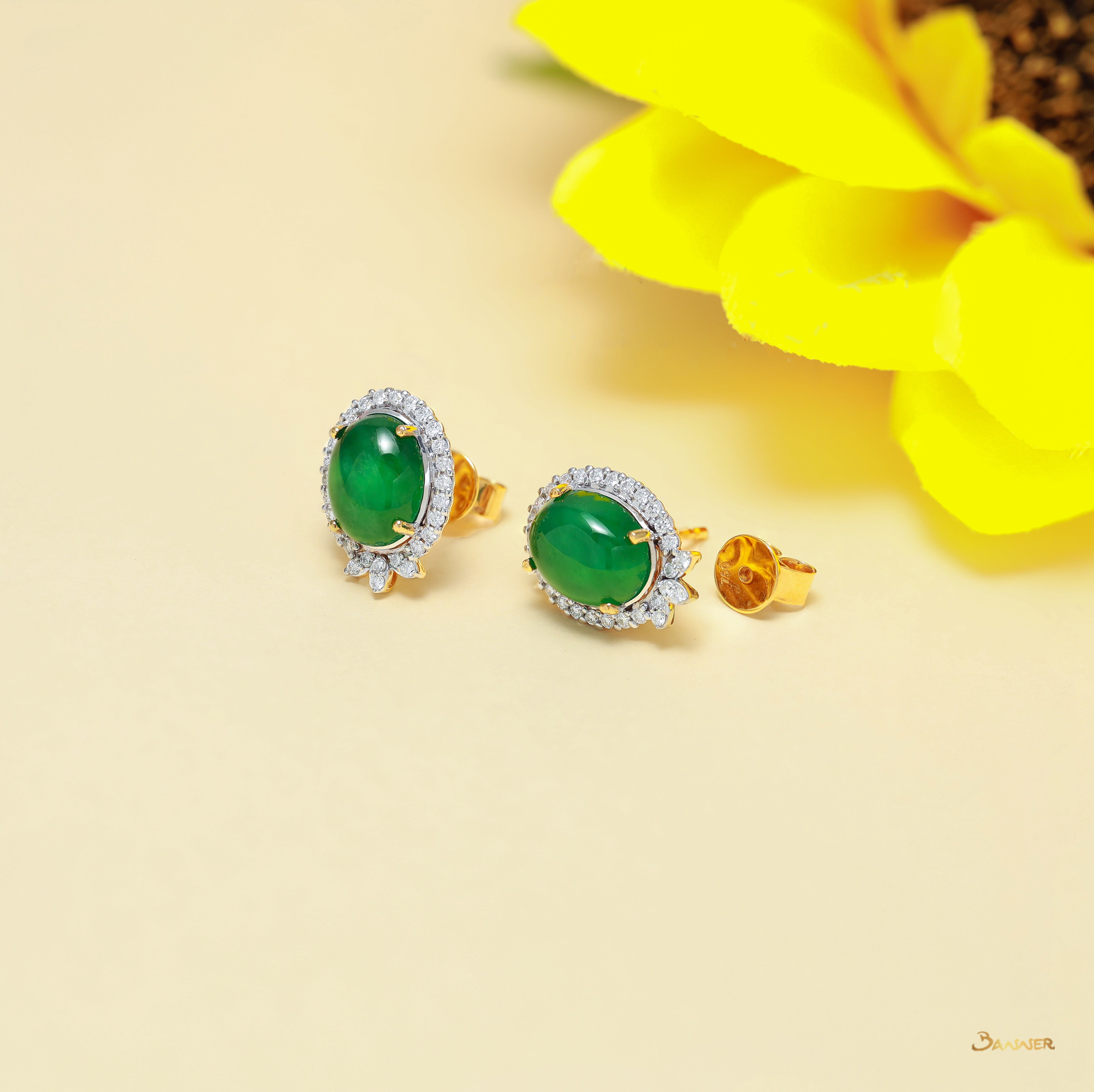 Oval Jade and Diamond Halo Stud Earrings