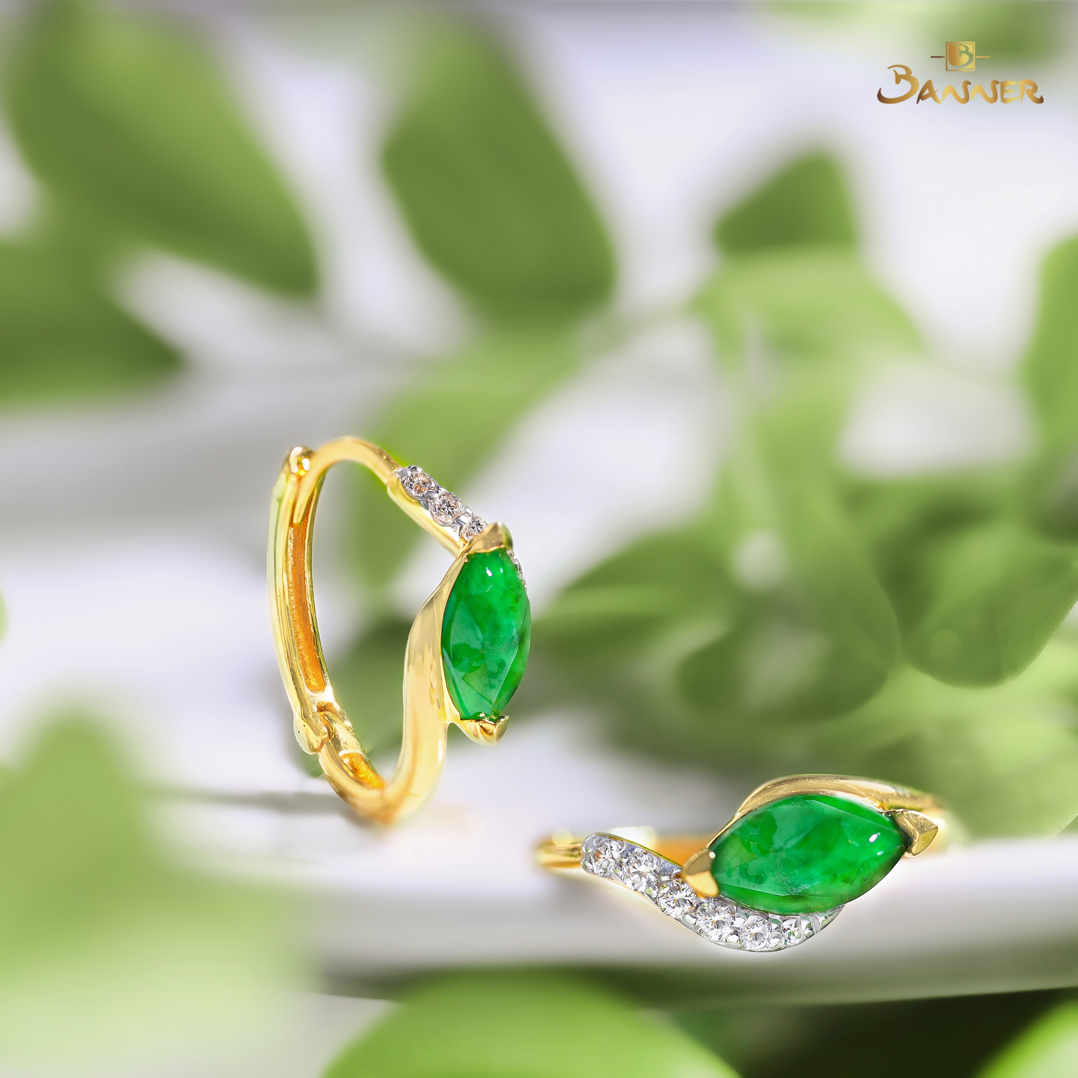 Jade and Diamond gaze Huggie Earrings