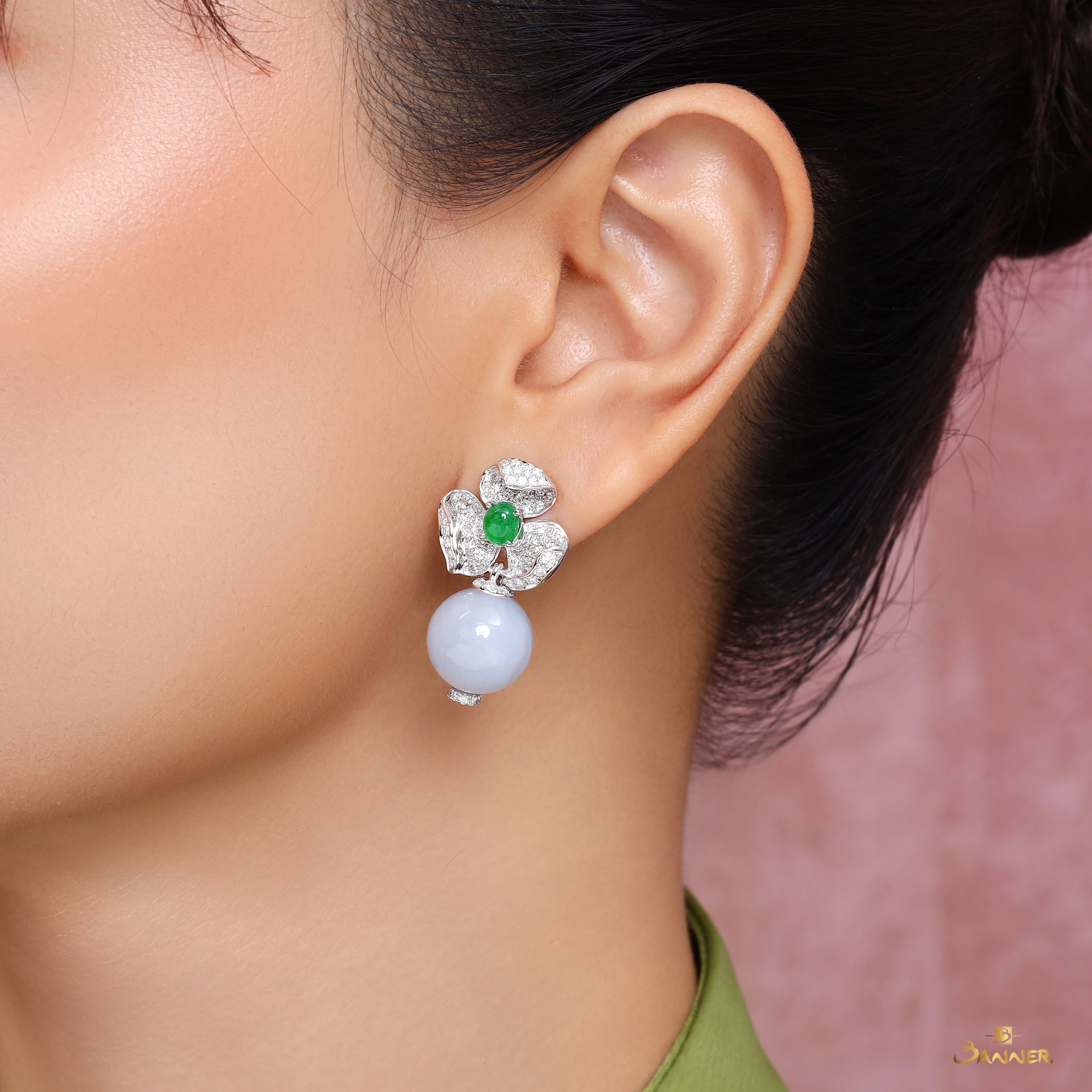 Lavender Jade , Green Jade and Diamond Orchid Earrings