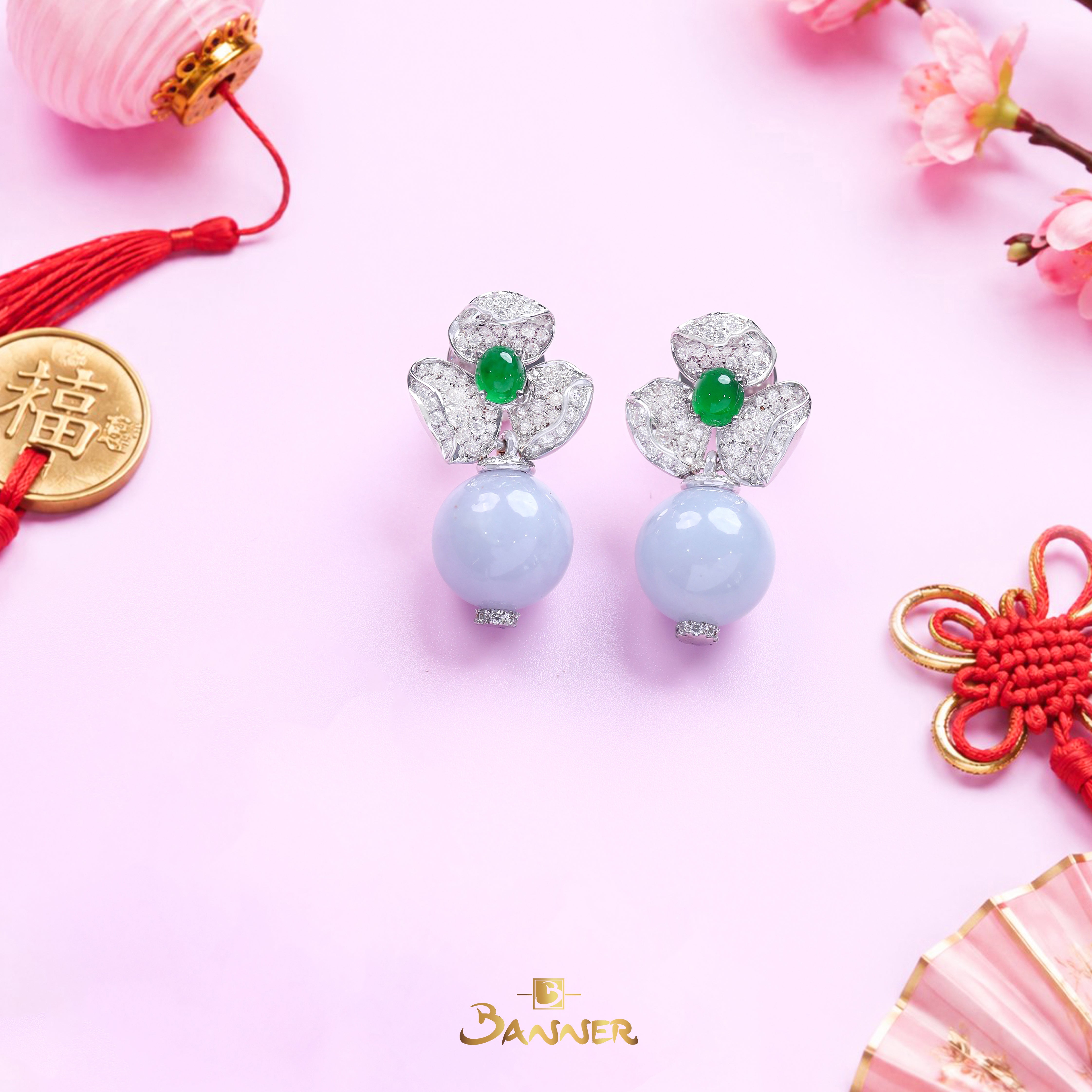 Lavender Jade , Green Jade and Diamond Orchid Earrings