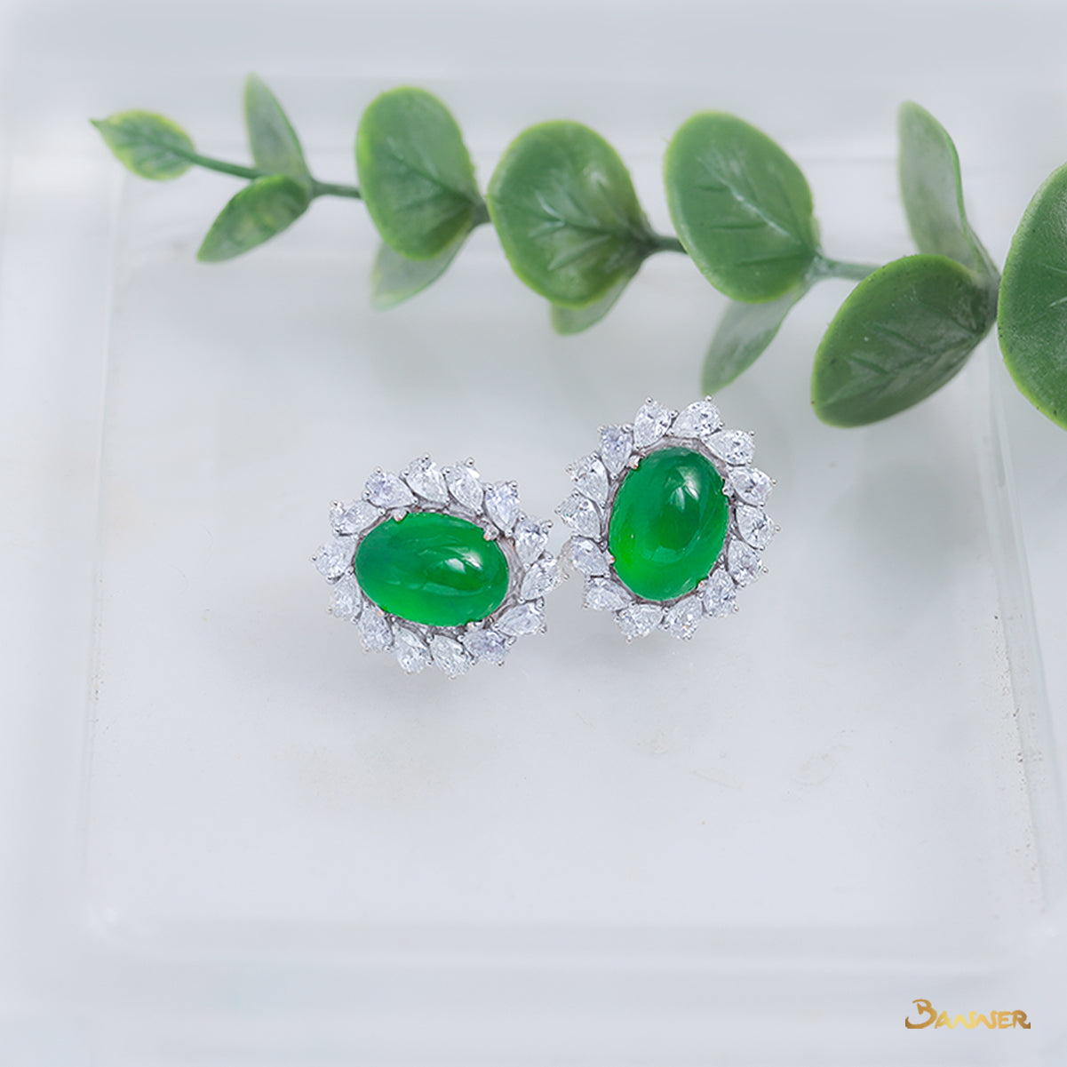 Green Jade and Diamond Floral Earrings