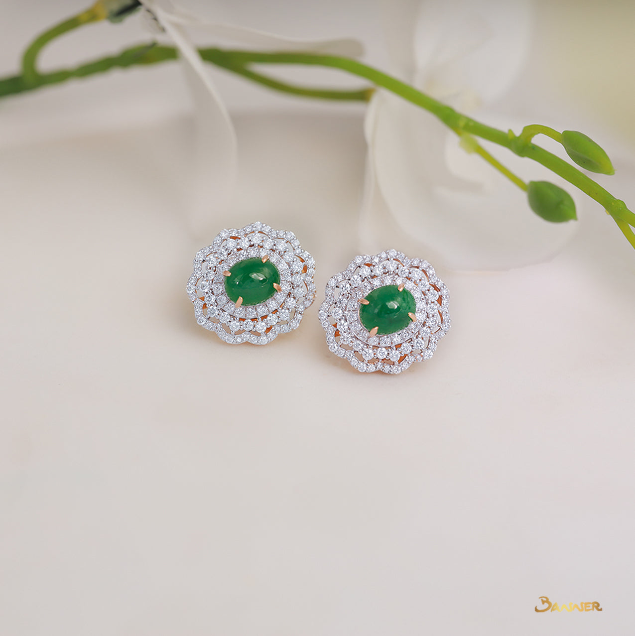 Green Jade and Diamond Floral Earrings