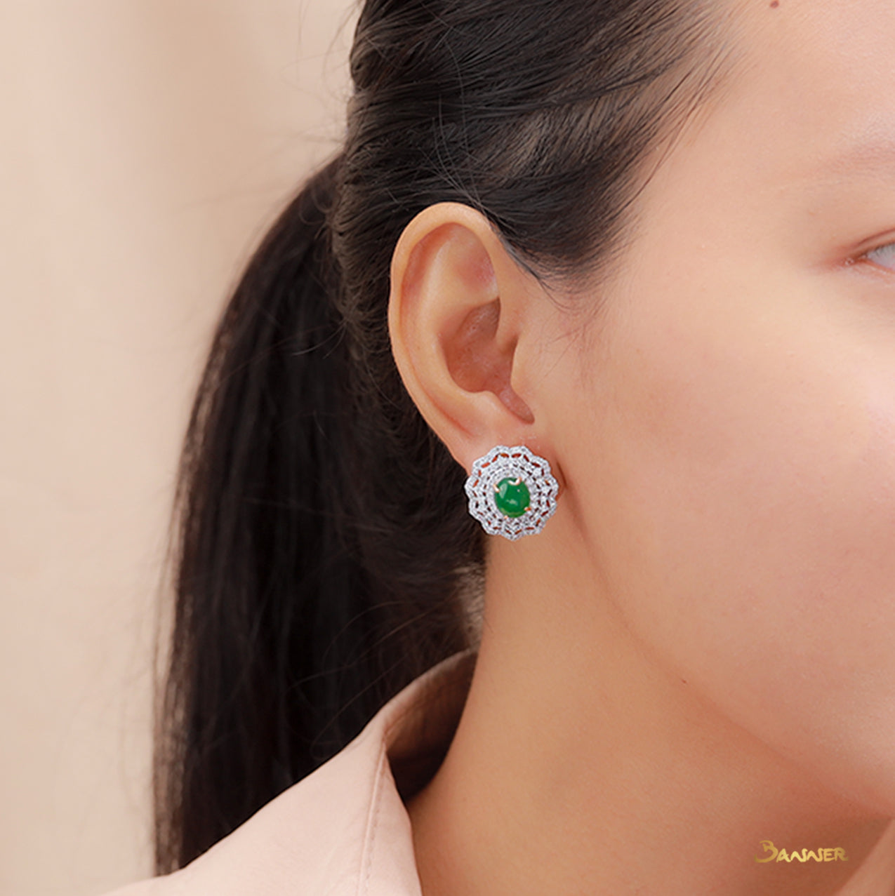 Green Jade and Diamond Floral Earrings