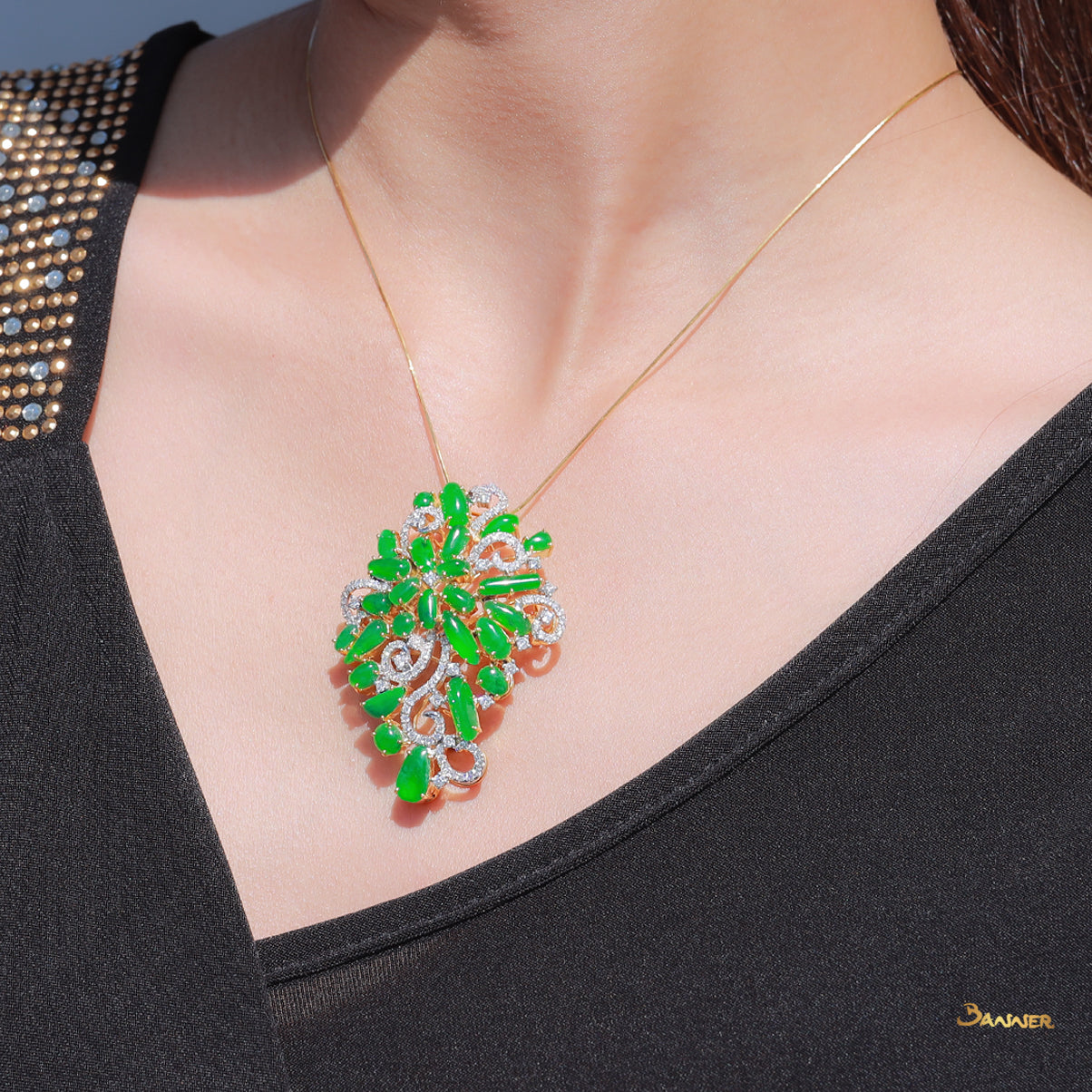 Jade and Diamond Floral Pendant / Brooch