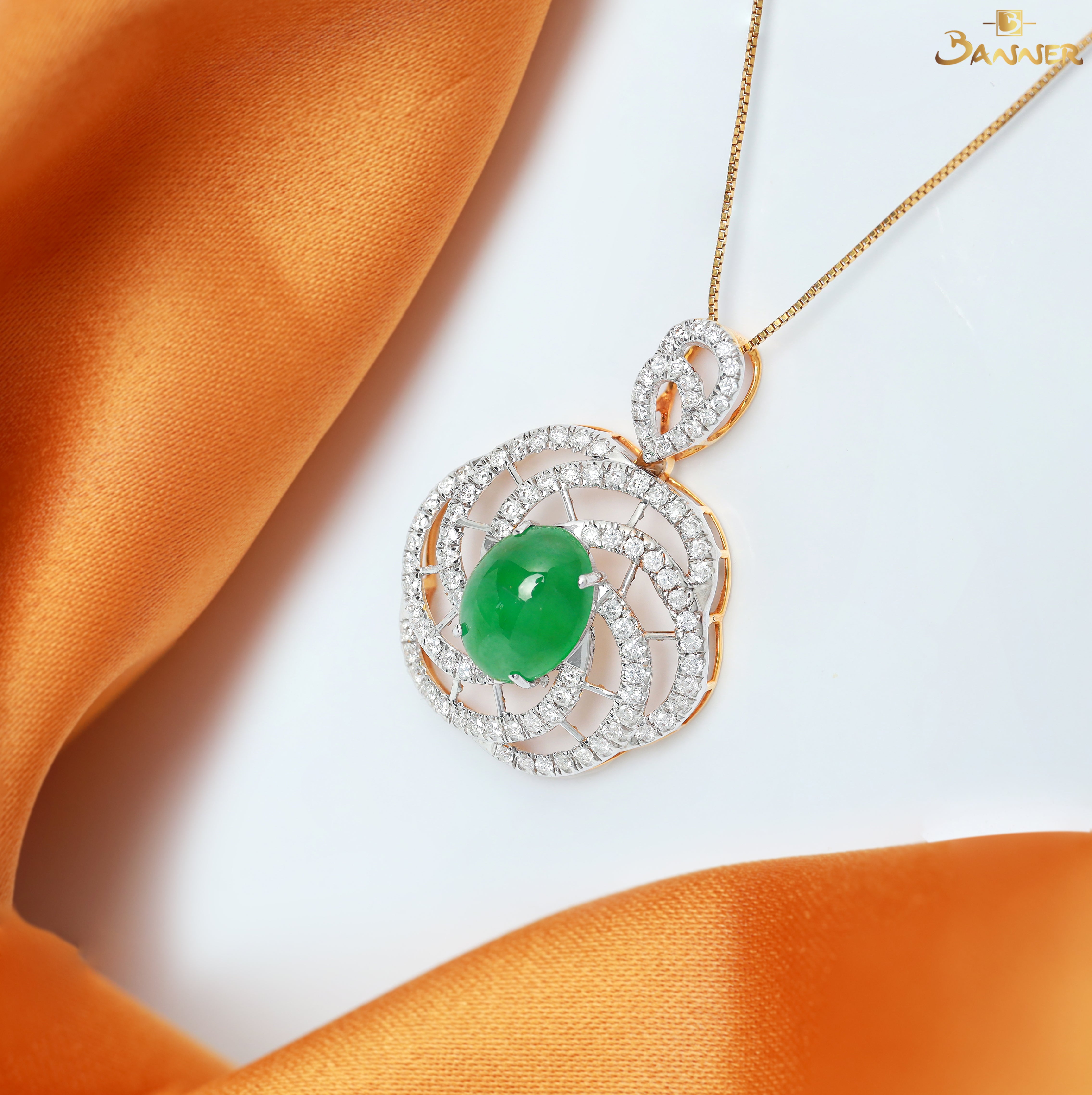 Imperial Green Jade and Diamond Floral Pendant