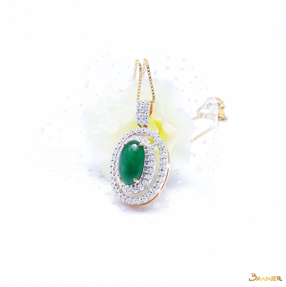 Green Jade and Diamond Double Halo Pendant