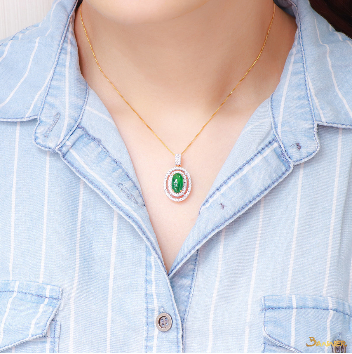 Green Jade and Diamond Double Halo Pendant